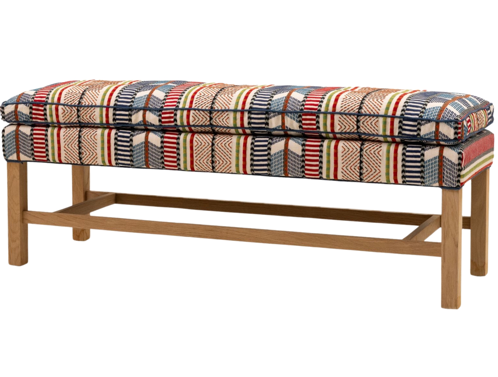 Max Bench by Collett & Victor – upholstered designer bench with colorful patterned fabric and solid wooden frame.