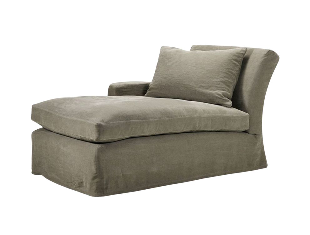 Olivia chaise longue in soft taupe linen with plush seat cushion and matching back pillow by Collett & Victor.