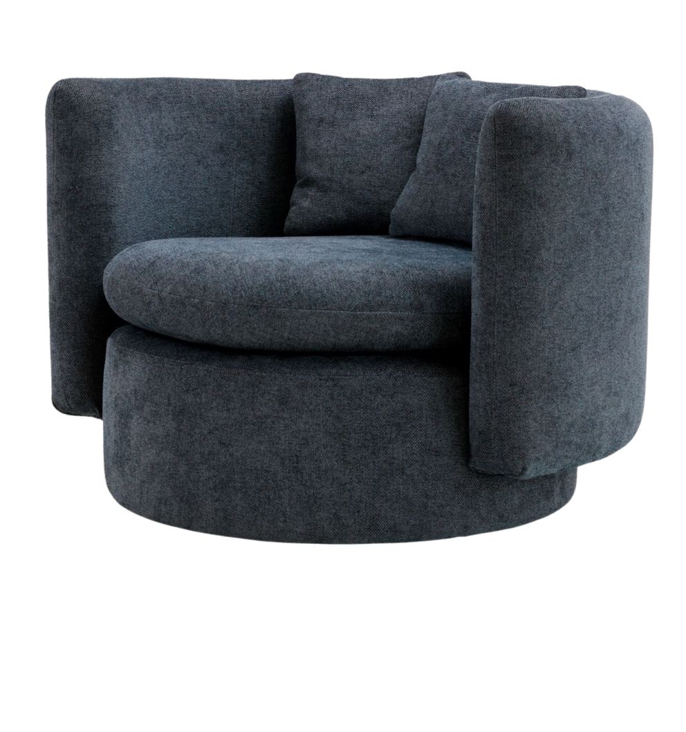 A plush, round one-seater chair with curved arms, upholstered in dark grey fabric. The chair has a modern, cozy design, featuring a circular seat and soft backrest cushions, providing a relaxed and inviting seating option.