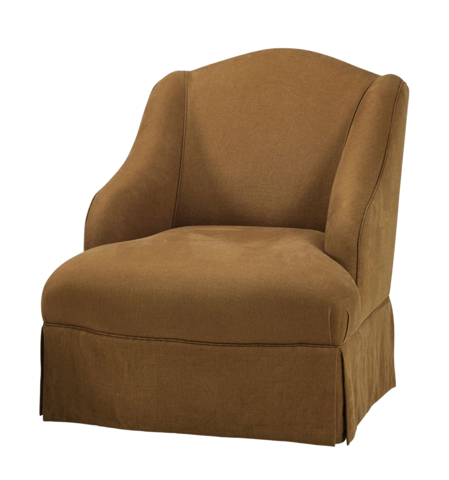 Brown linen Kitros One Seater armchair with soft curves and tailored skirt.