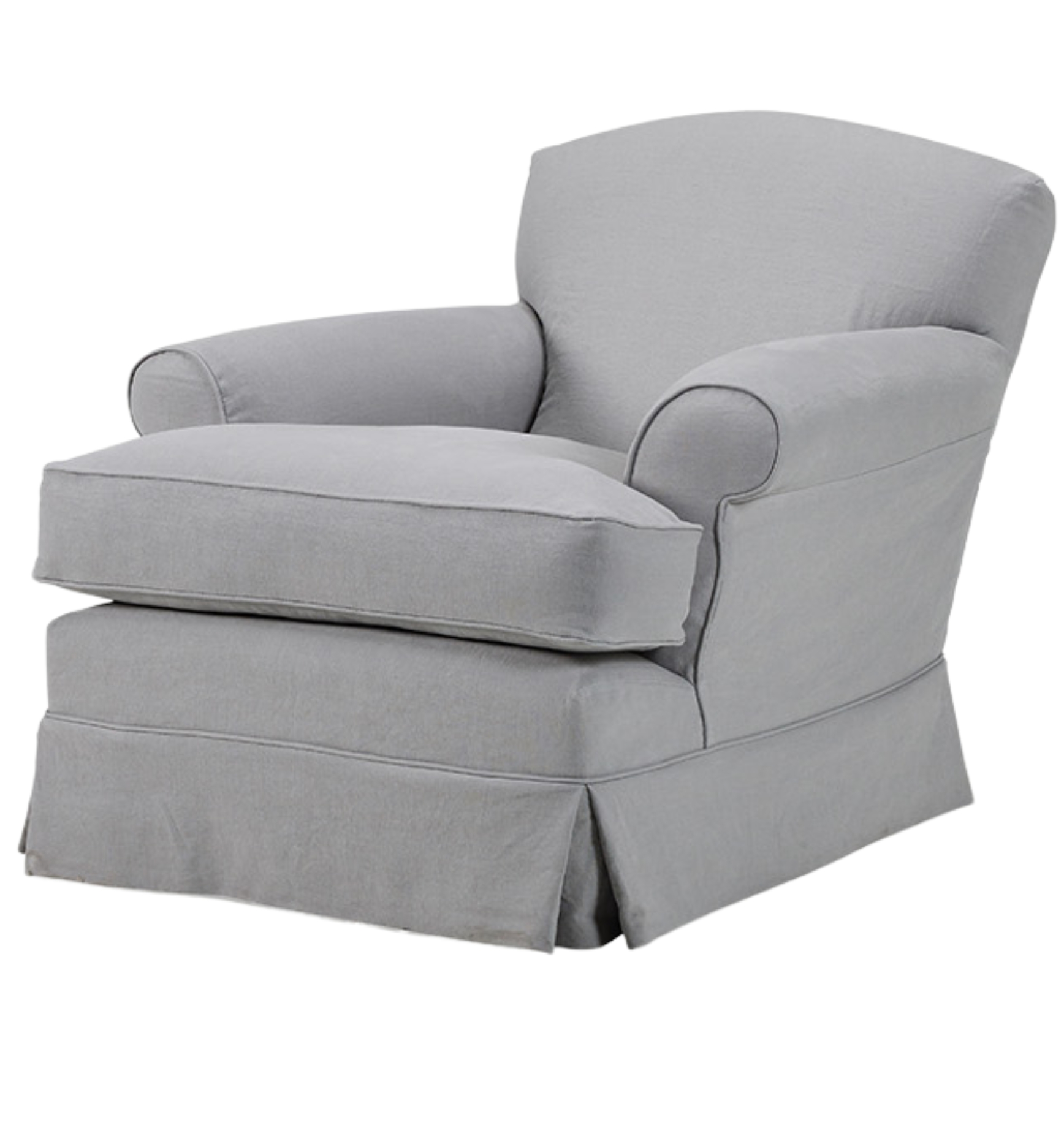 Collett & Victor Wilson one-seater armchair in light grey fabric with rolled arms and skirted base.