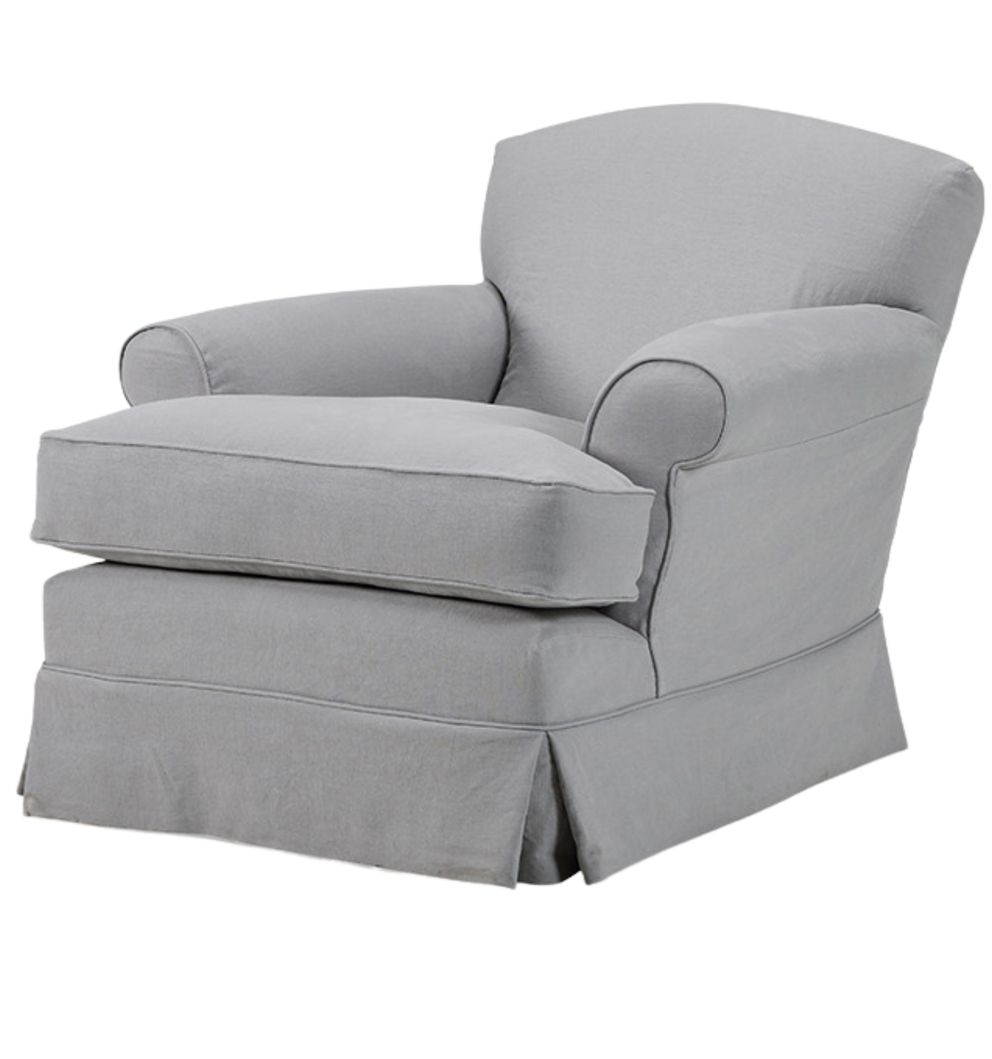 Collett & Victor Wilson one-seater armchair in light grey fabric with rolled arms and skirted base.