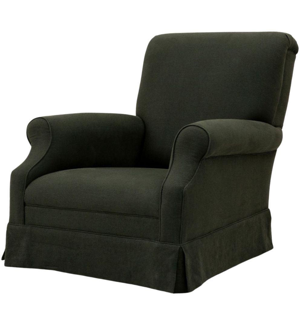 A dark green upholstered Amber one-seater armchair with a low, soft backrest, rounded arms, and a pleated skirt at the base. The chair has a classic, timeless design that looks cozy and inviting, with a simple, elegant appearance.