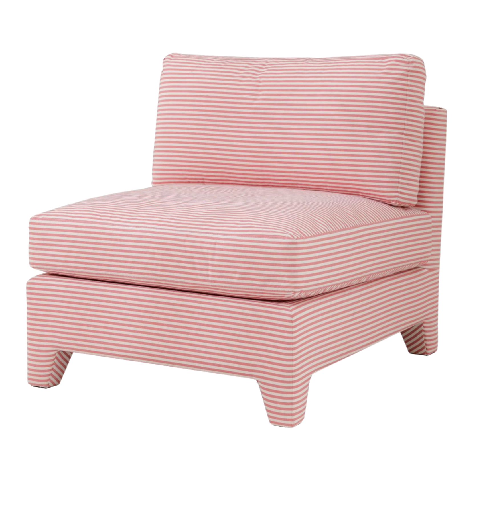A modern, striped armchair with a soft pink and white pattern. The chair features a low, wide seat and a rectangular backrest for a relaxed, minimalist look. The frame has clean lines with subtle, angular legs, giving it a contemporary feel.