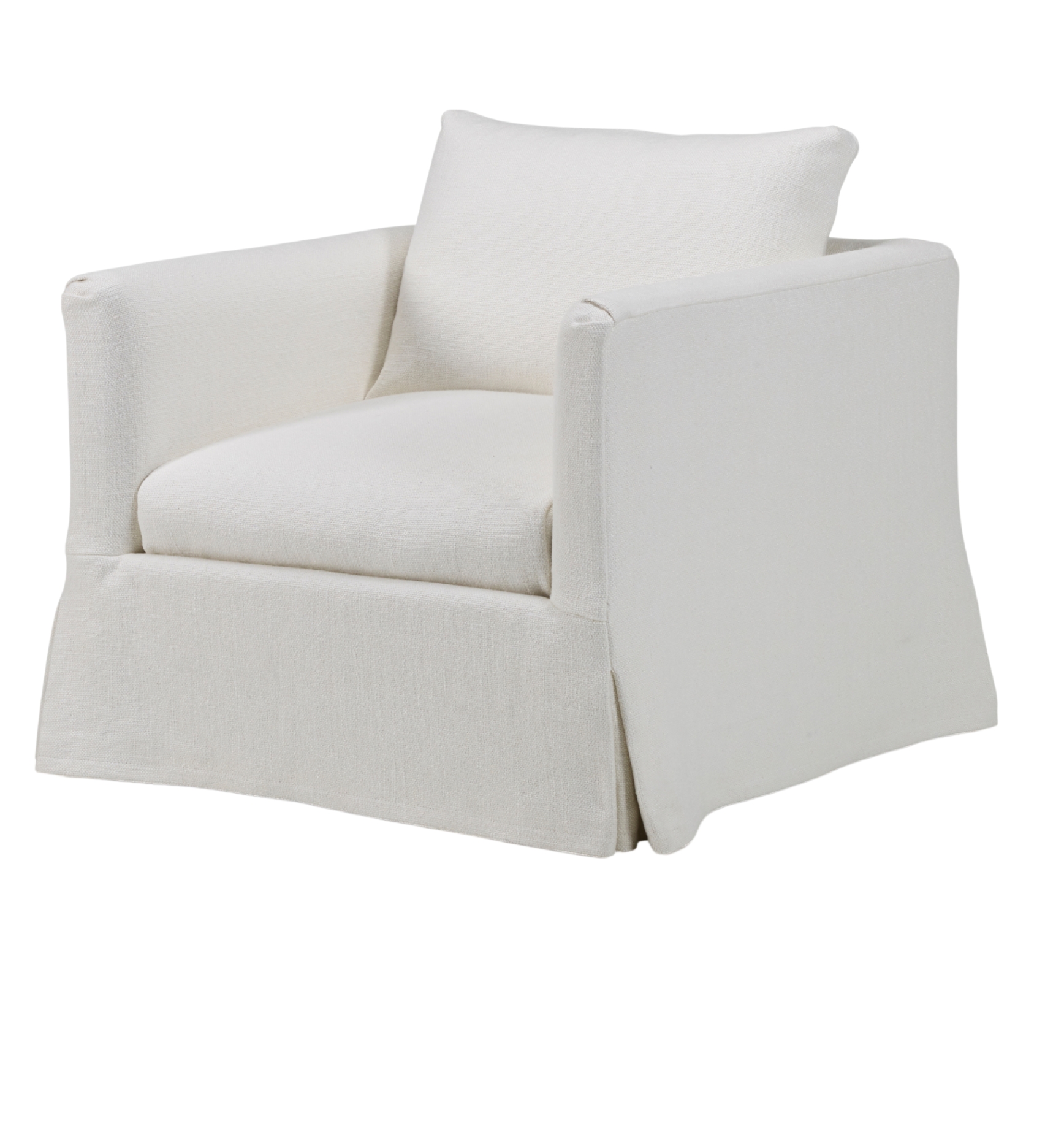 The Babette one-seater chair featuring a clean, minimalist design with a soft white fabric upholstery. The chair has square armrests and a contemporary, boxy shape with a slanted skirt at the base, adding a modern yet cozy look to the space. A single cushion rests on the seat.