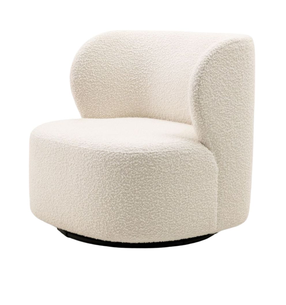 Fritz one-seater armchair in white boucle upholstery with rounded backrest – modern designer lounge chair.