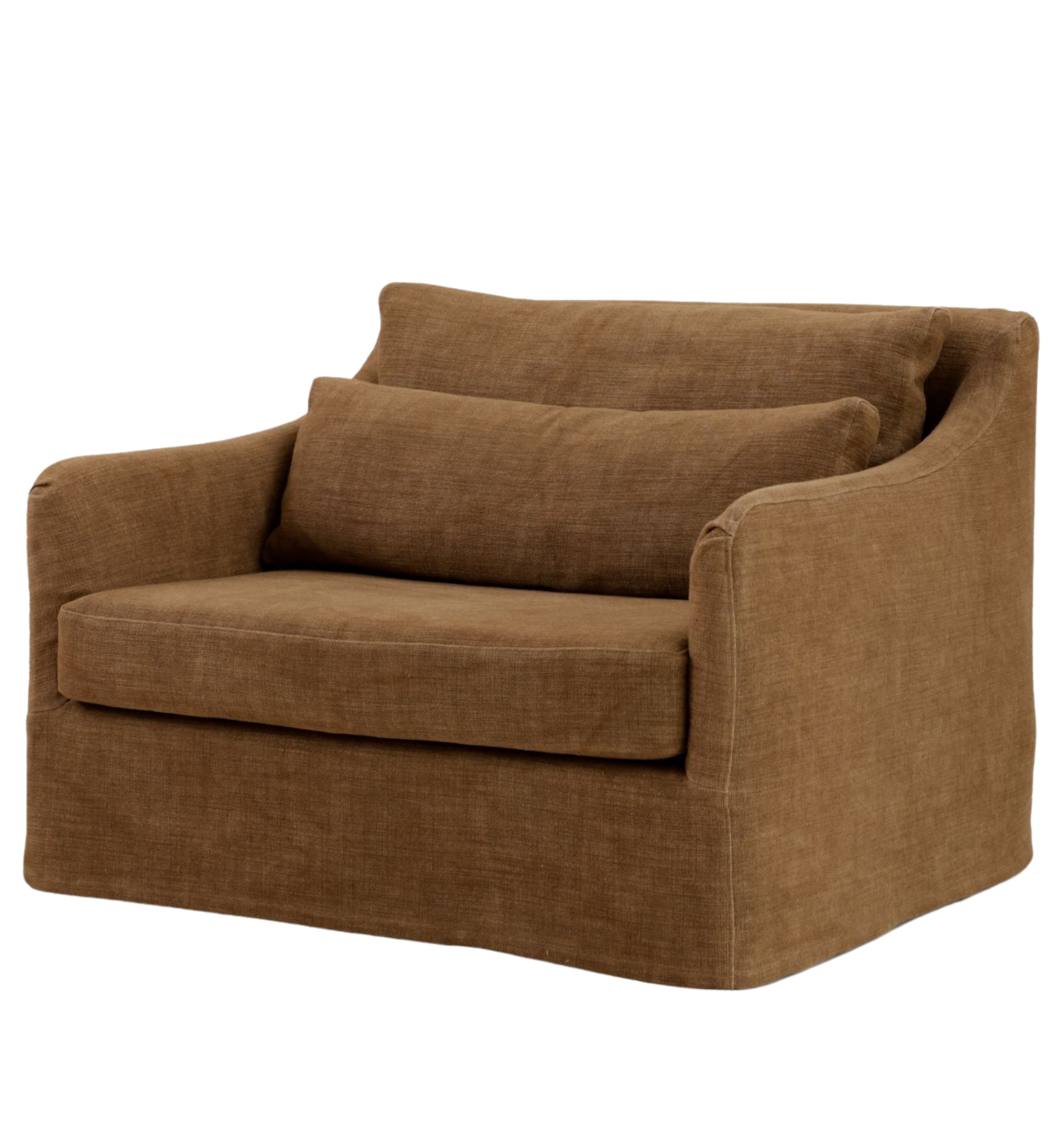 A single armchair with a soft, rounded back and arms, upholstered in a rich brown linen fabric. It features a spacious seat and a comfortable, simple design with two pillows for added comfort.