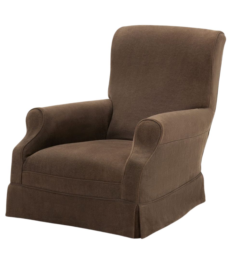 A classic, brown upholstered armchair with soft, curved arms and a skirted base, offering a comfortable and elegant design.