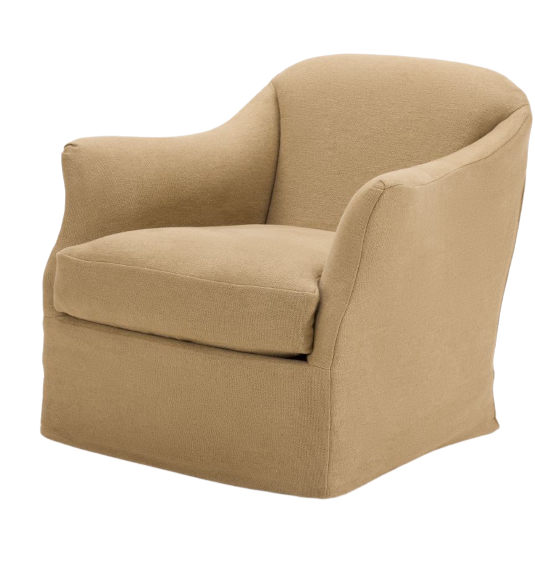 A beige upholstered armchair with a rounded back and simple design. It features a low seat cushion and a skirted base, offering a cozy and timeless look.