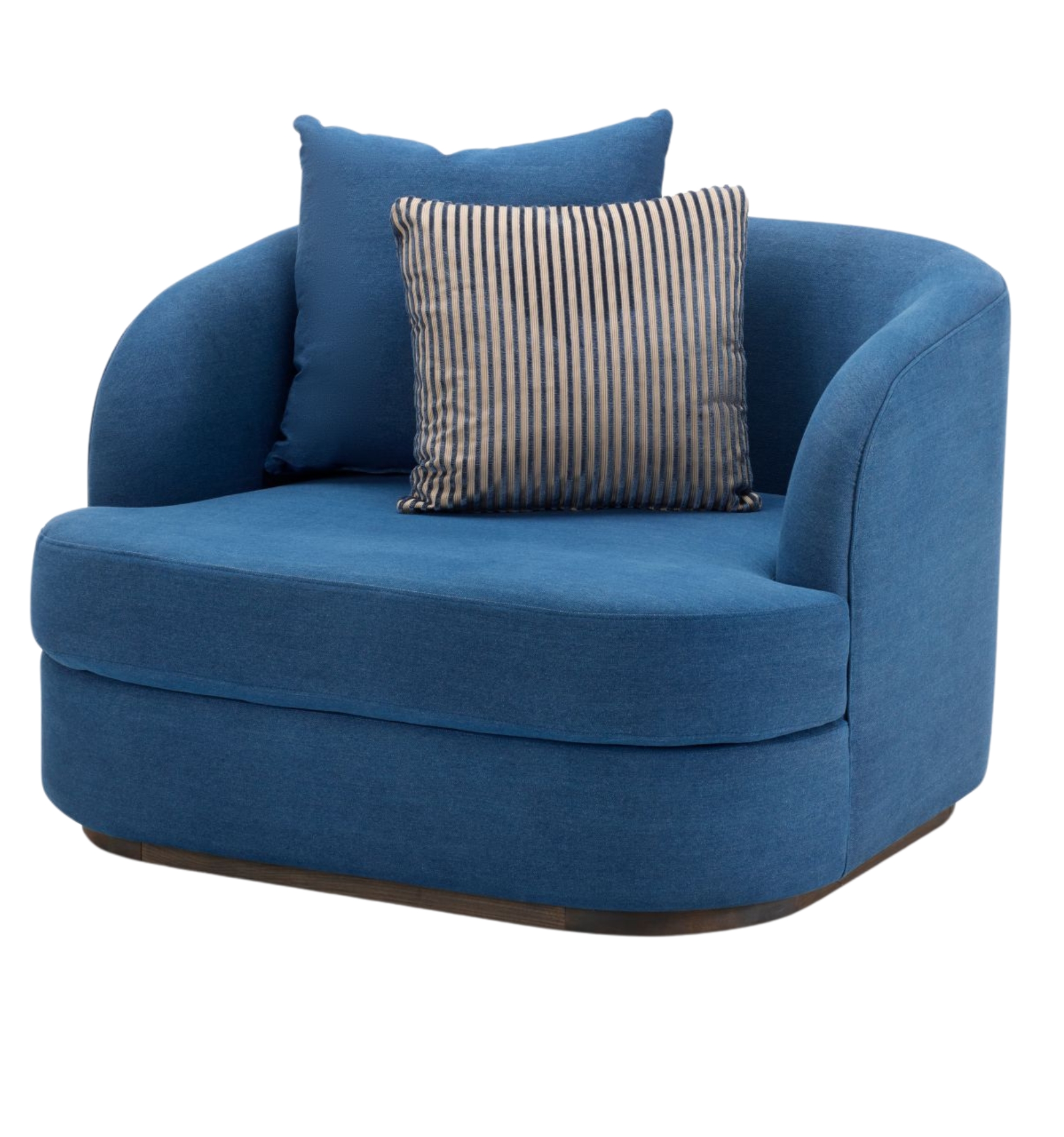 Elly one-seater armchair in deep blue fabric with striped cushion – modern and stylish accent chair.