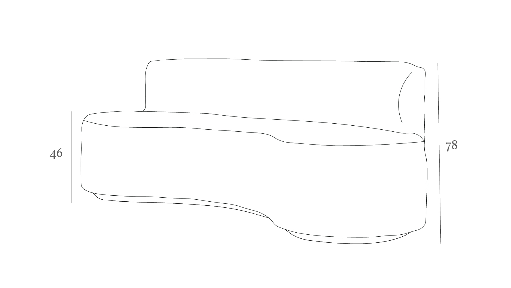 Line drawing of a modern, curved sofa with a low backrest. Dimensions are marked as 46 and 78, likely in centimeters.