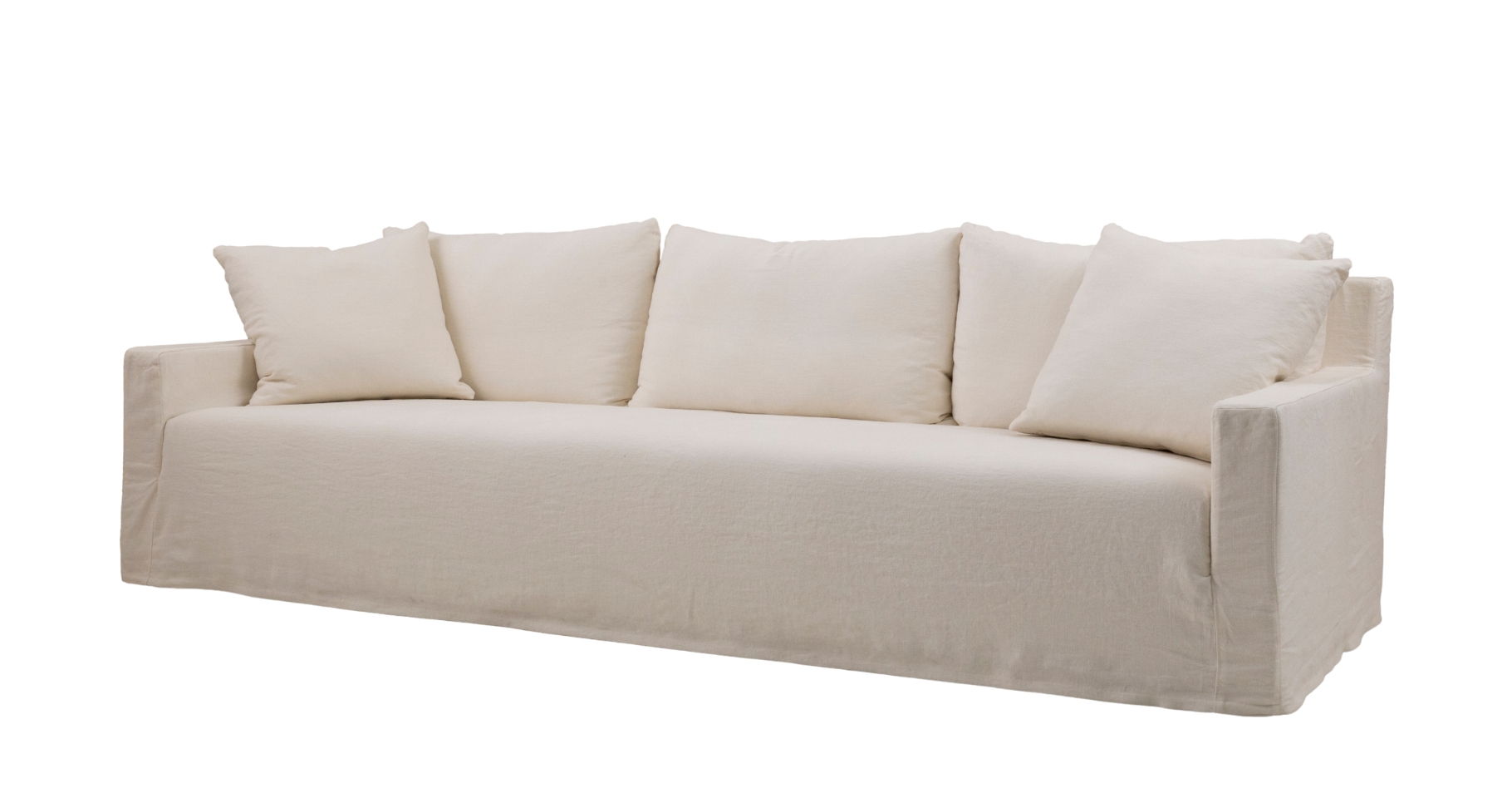 Charlie sofa in off-white fabric with a minimalist boxy silhouette, low arms, and five matching back cushions for a clean and contemporary look.