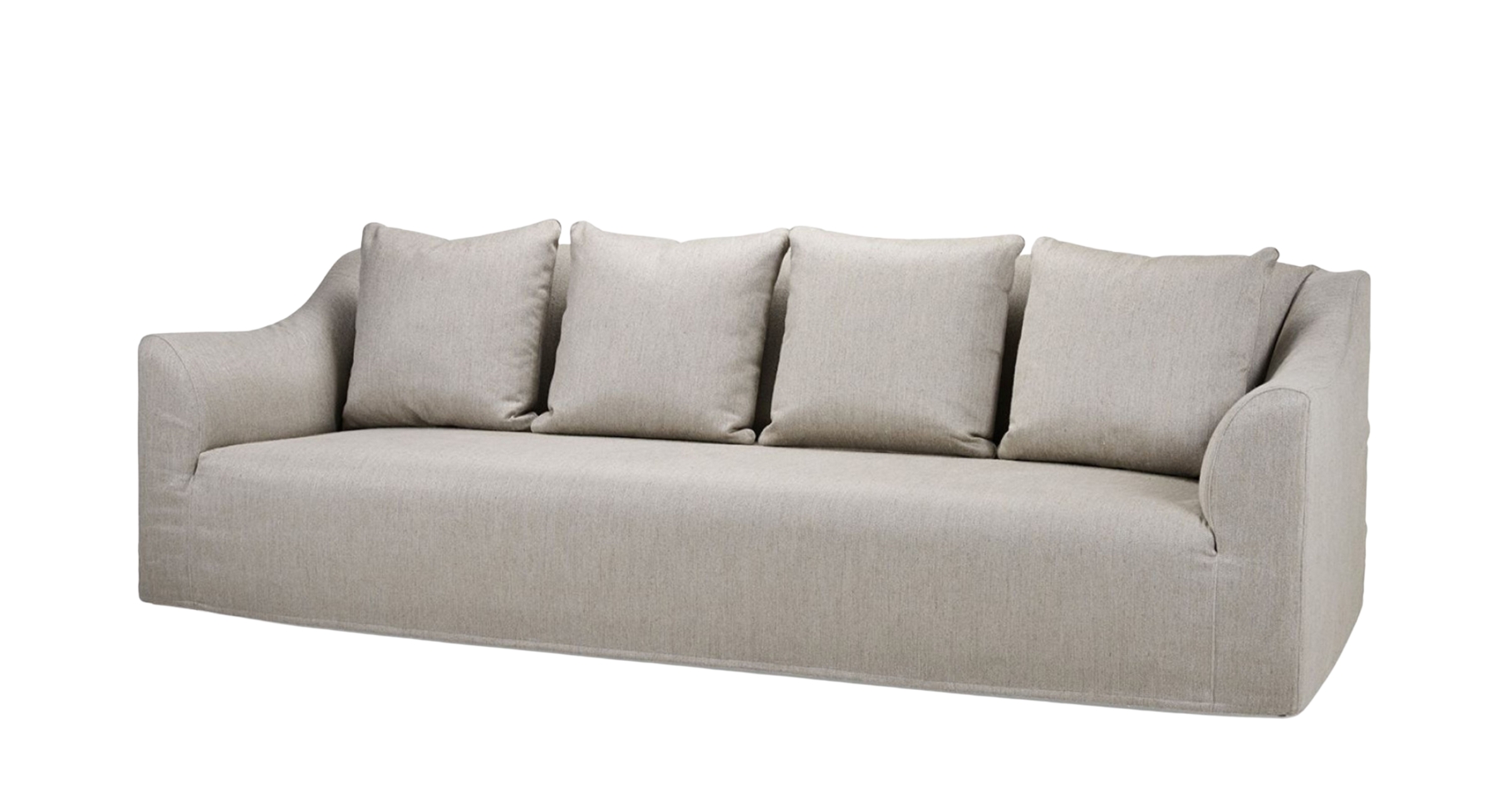 Toscana sofa with a fixed seat and five cushions in a soft, neutral linen fabric, offering a clean, modern design with gentle armrests.