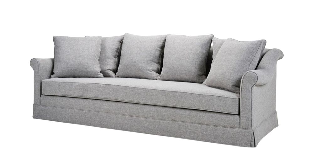 Borbado sofa in light grey fabric with classic scroll arms, tailored skirt, and five matching back cushions, offering a refined and timeless silhouette.