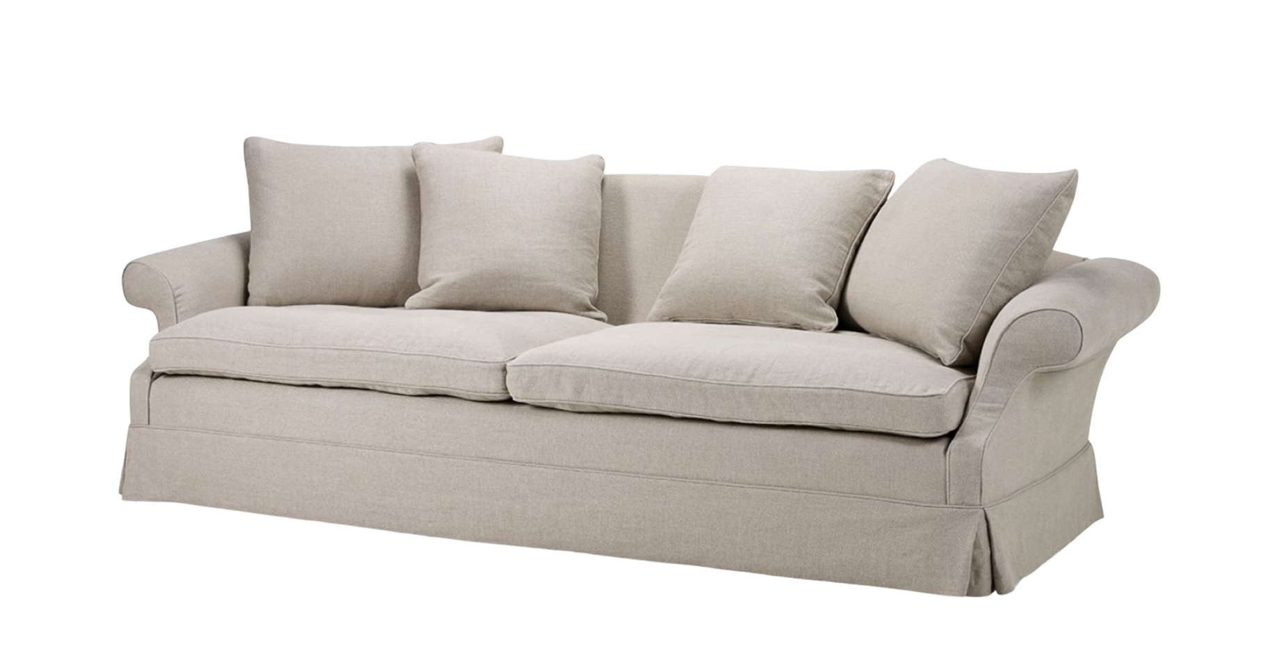 A classic light beige three-seater Koufos sofa with gently rolled arms, a tailored skirted base, and deep seat cushions. The back is adorned with four plush, matching throw pillows, giving the sofa a timeless and elegant look, photographed against a white background.