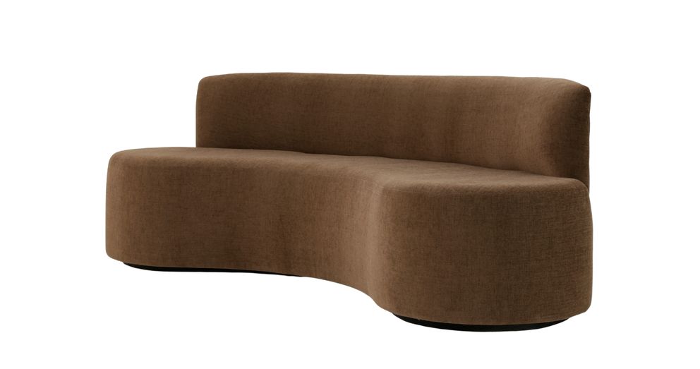 Curved, modern brown sofa with a smooth, minimalist design and black base.