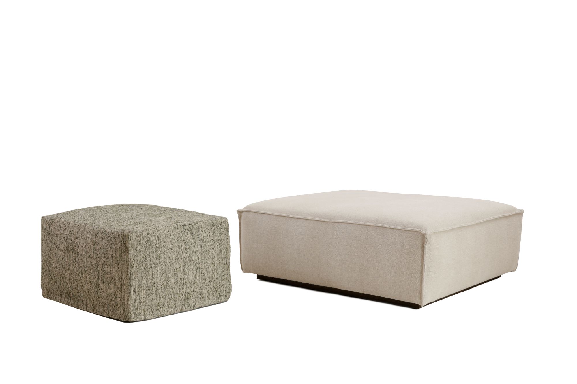 Collett & Victor Dix poufs in textured fabric and neutral linen upholstery.
