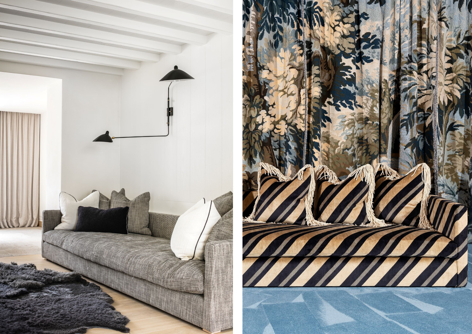 Side-by-side view of the Trancoso sofa: on the left, styled in a minimal white interior with textured grey fabric and neutral cushions; on the right, transformed with bold diagonal black-and-gold stripes, matching fringe-trimmed cushions, and a dramatic tapestry backdrop.