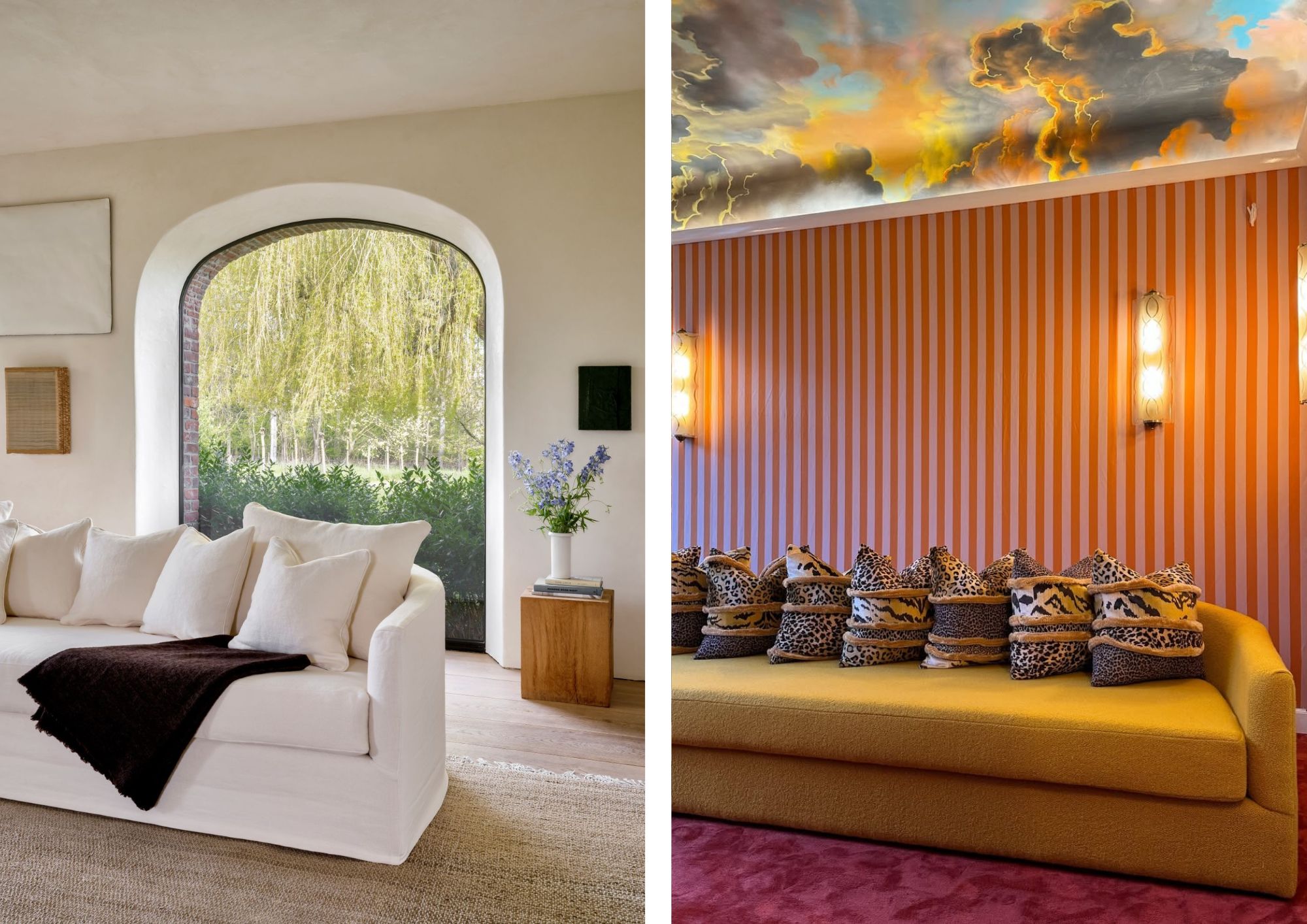 Side-by-side view of the Felix sofa: on the left, styled in a serene neutral interior with soft white upholstery, light cushions, and a dark throw; on the right, reimagined with bold mustard yellow fabric, stacked leopard-print cushions, striped orange wallpaper, and a dramatic painted ceiling.
