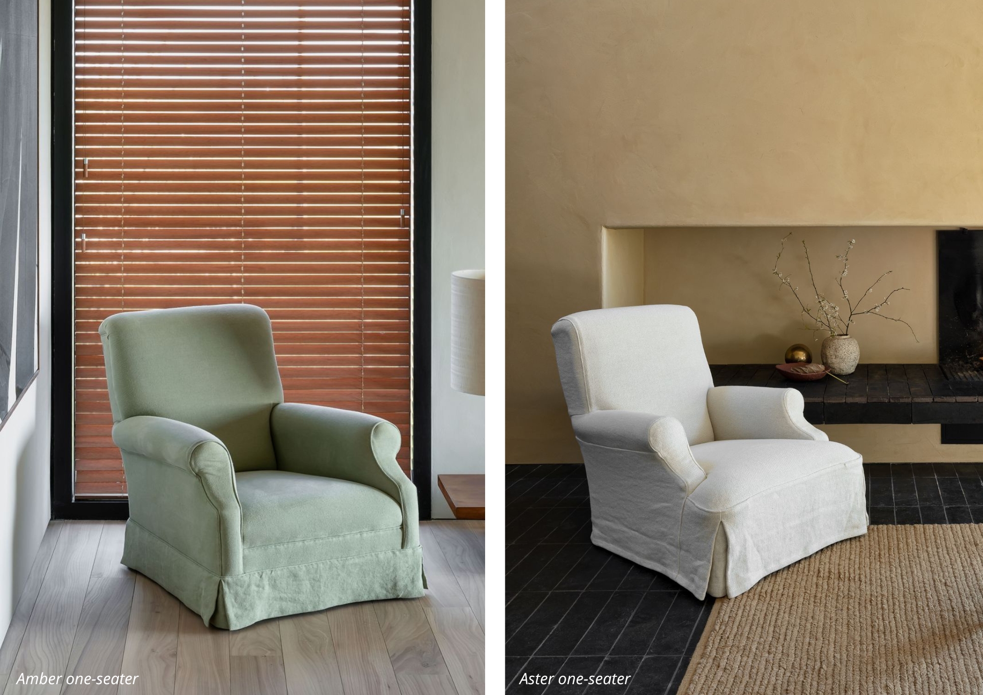 Amber and Aster one-seater armchairs: Amber in soft green linen placed against wooden blinds for a modern touch, and Aster in light cream fabric styled in a serene interior with a minimal fireplace backdrop.