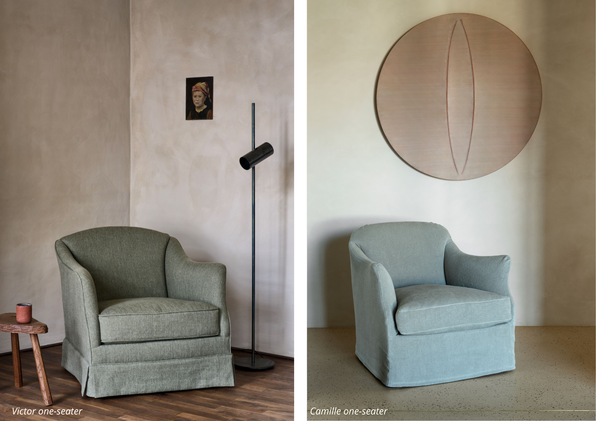 The Victor and Camille one-seaters combine comfort with timeless design, making them versatile pieces for both classic and modern interiors.