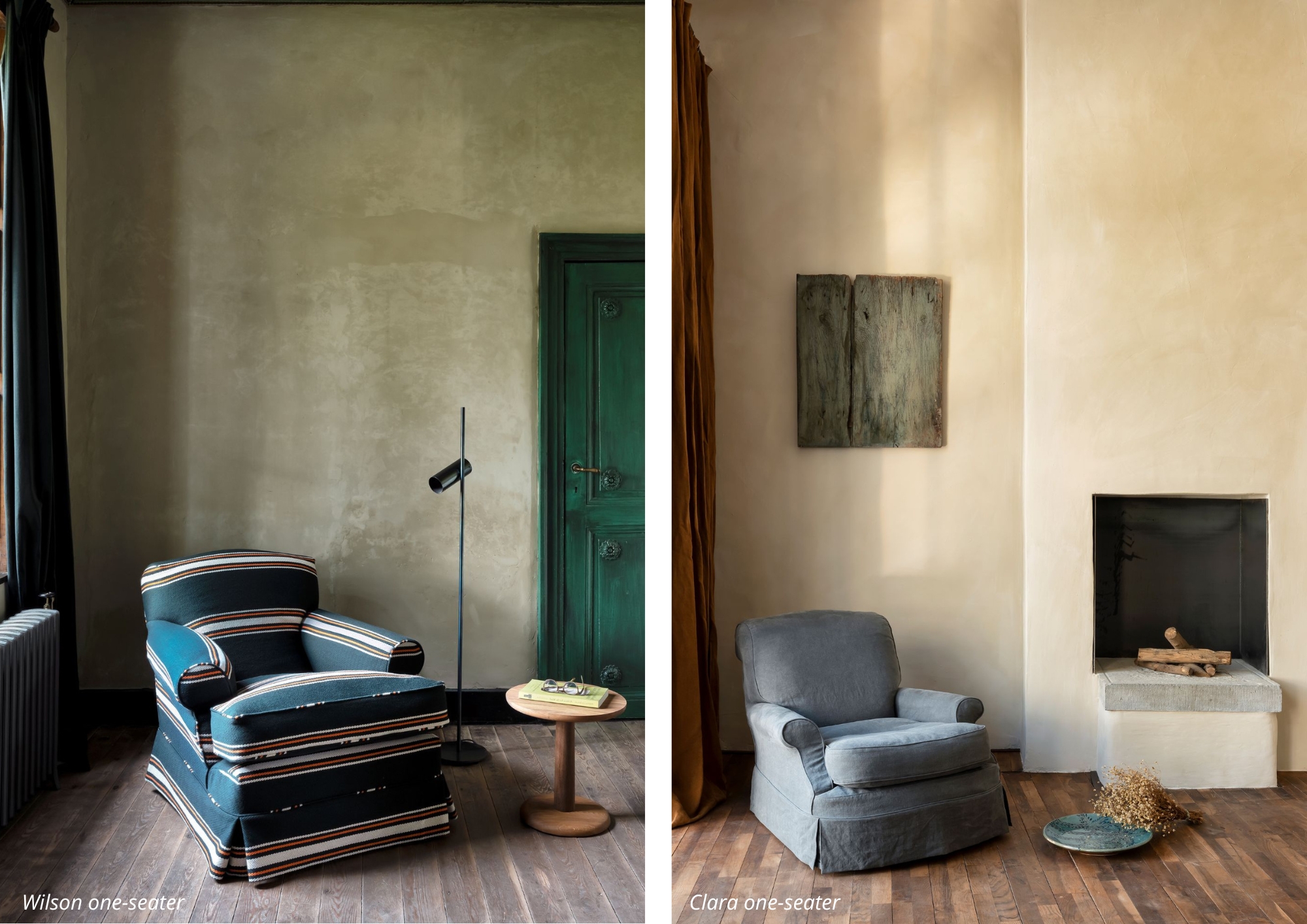 The Wilson and Clara one-seaters each embody timeless comfort in their own way. Wilson, dressed in bold striped upholstery, makes a statement in rustic surroundings with a touch of playfulness. Clara, in soft grey tones, offers understated elegance by the fireplace, perfect for quiet moments. Together, they showcase the versatility of classic design—adaptable, inviting, and always full of character.