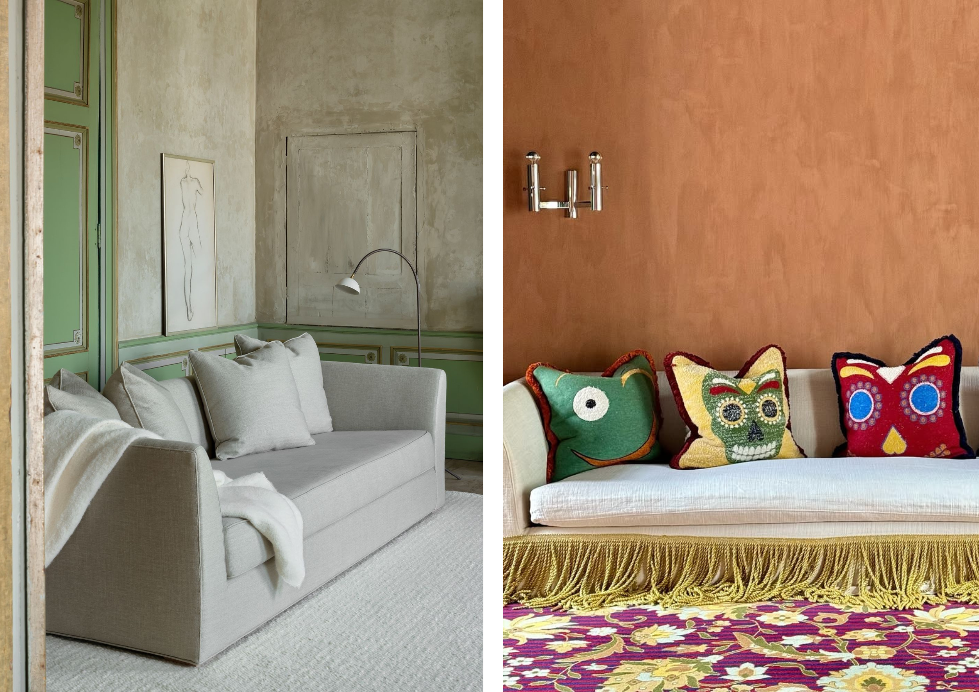 Side-by-side view of the New York sofa: on the left, a minimalist version in a muted interior with soft neutral cushions and a blanket; on the right, the sofa styled with colorful, playful cushions and golden fringe, set against a warm terracotta wall.