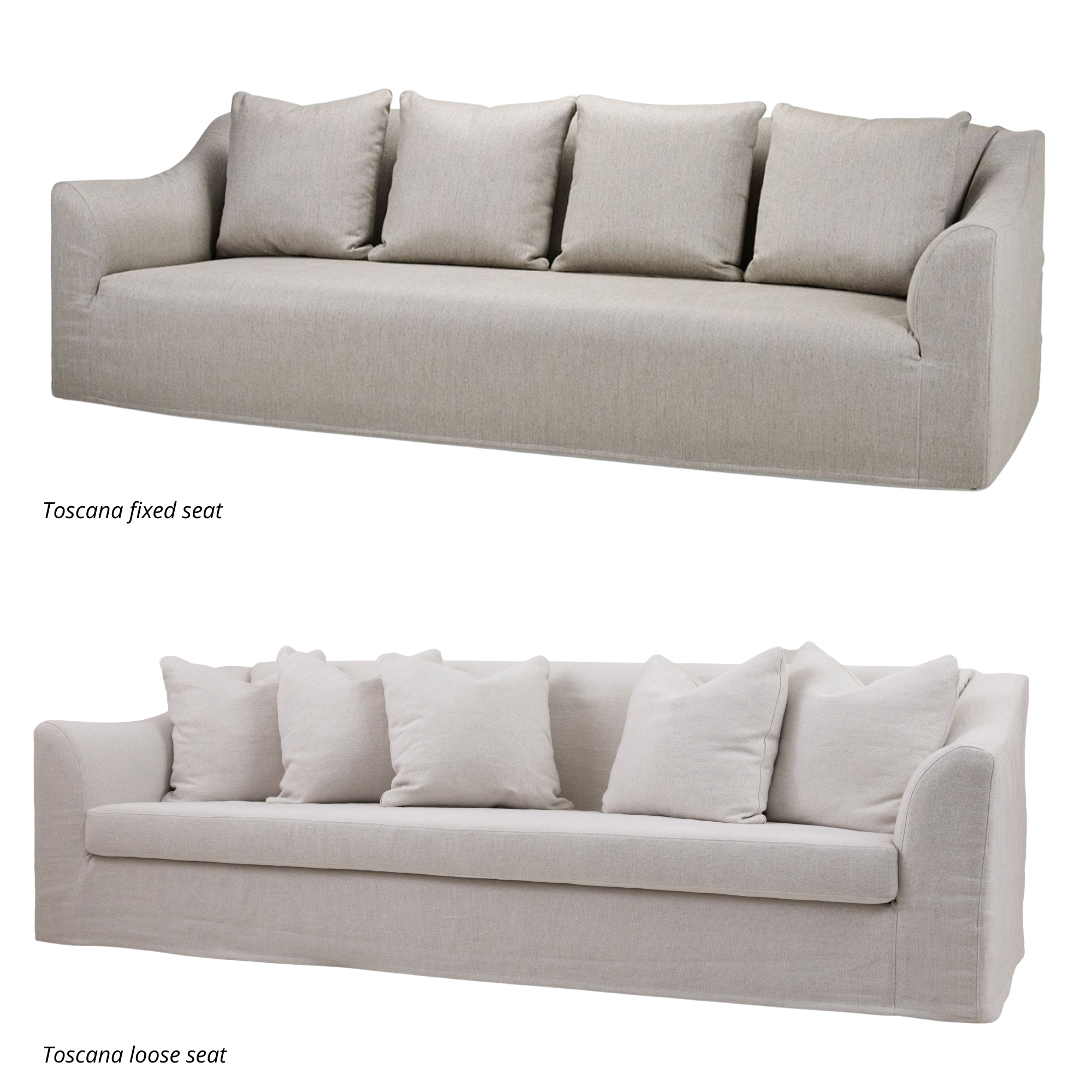 Two beige sofas with cushions: the top has a fixed seat, the bottom has a loose seat. Both have a minimalist design.