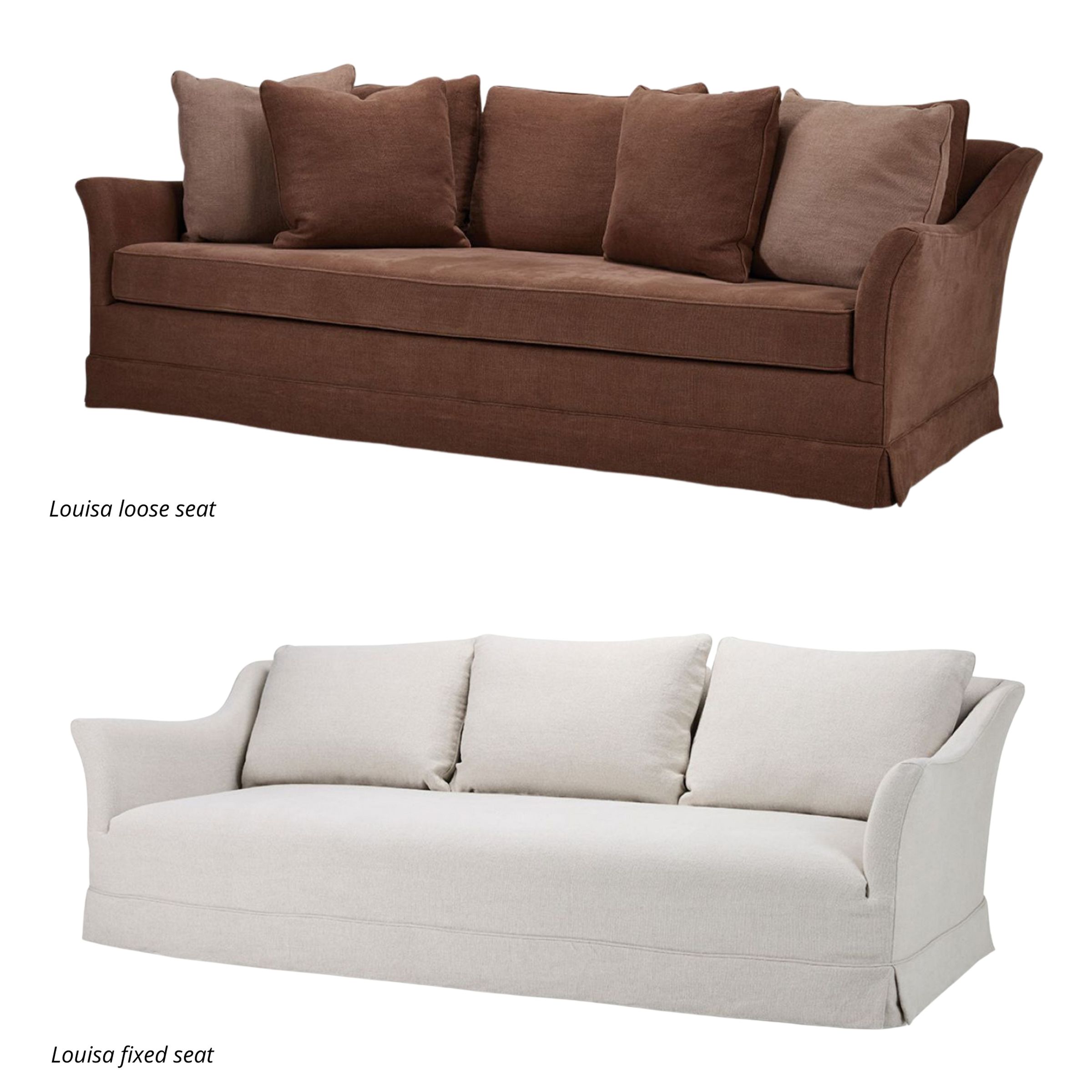 Two sofas: a brown one with loose cushions on top, and a white one with fixed cushions on the bottom.