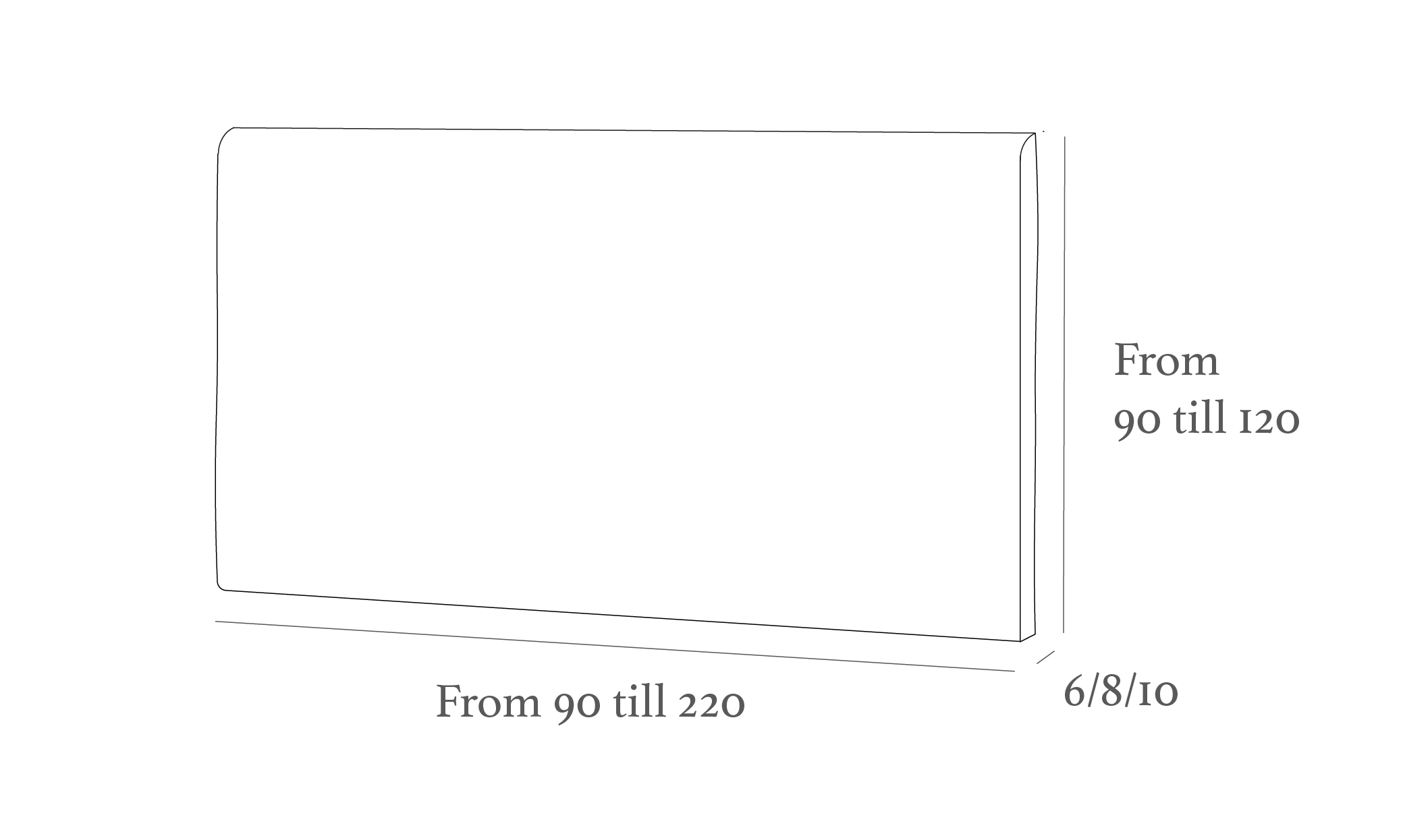 A rectangular object with dimensions labeled: width from 90 to 220, height from 90 to 120, and thickness options of 6, 8, or 10.