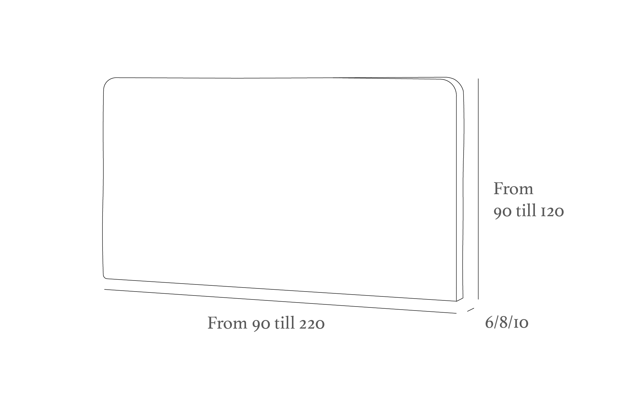 Diagram of a rectangular object with dimensions labeled: width from 90 to 220, height from 90 to 120, and thickness 6/8/10.