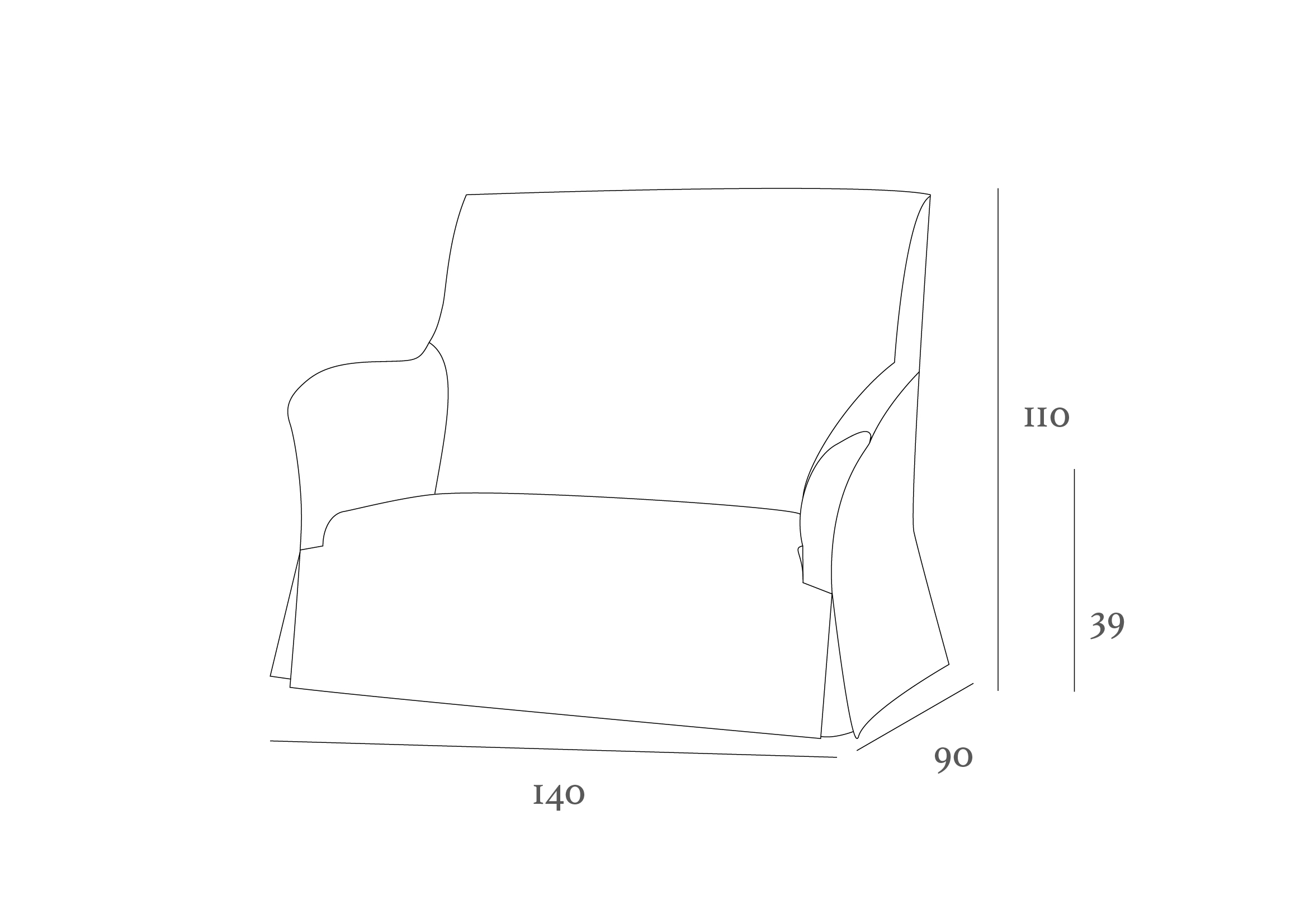Line drawing of a sofa with dimensions: 140 cm wide, 90 cm deep, and 110 cm high. Armrests and a skirted base are visible.