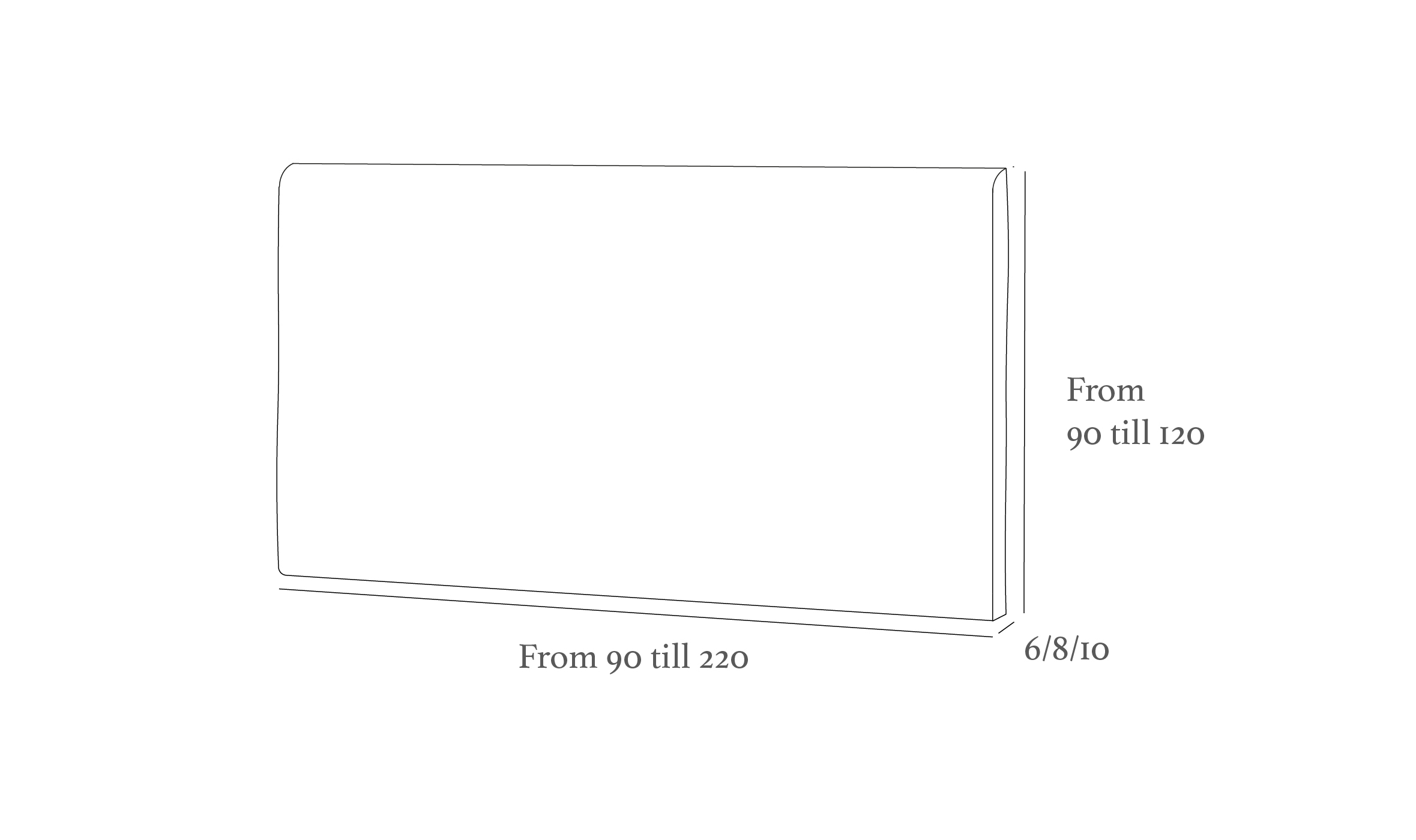 Diagram of a rectangular object with dimensions labeled: width 90-220, height 90-120, and depth options 6, 8, or 10.