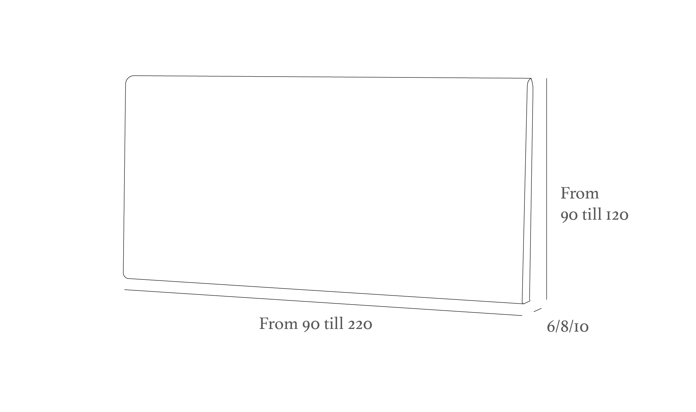 Illustration of a rectangular object with dimensions labeled: width 90-220, height 90-120, and thickness 6/8/10.