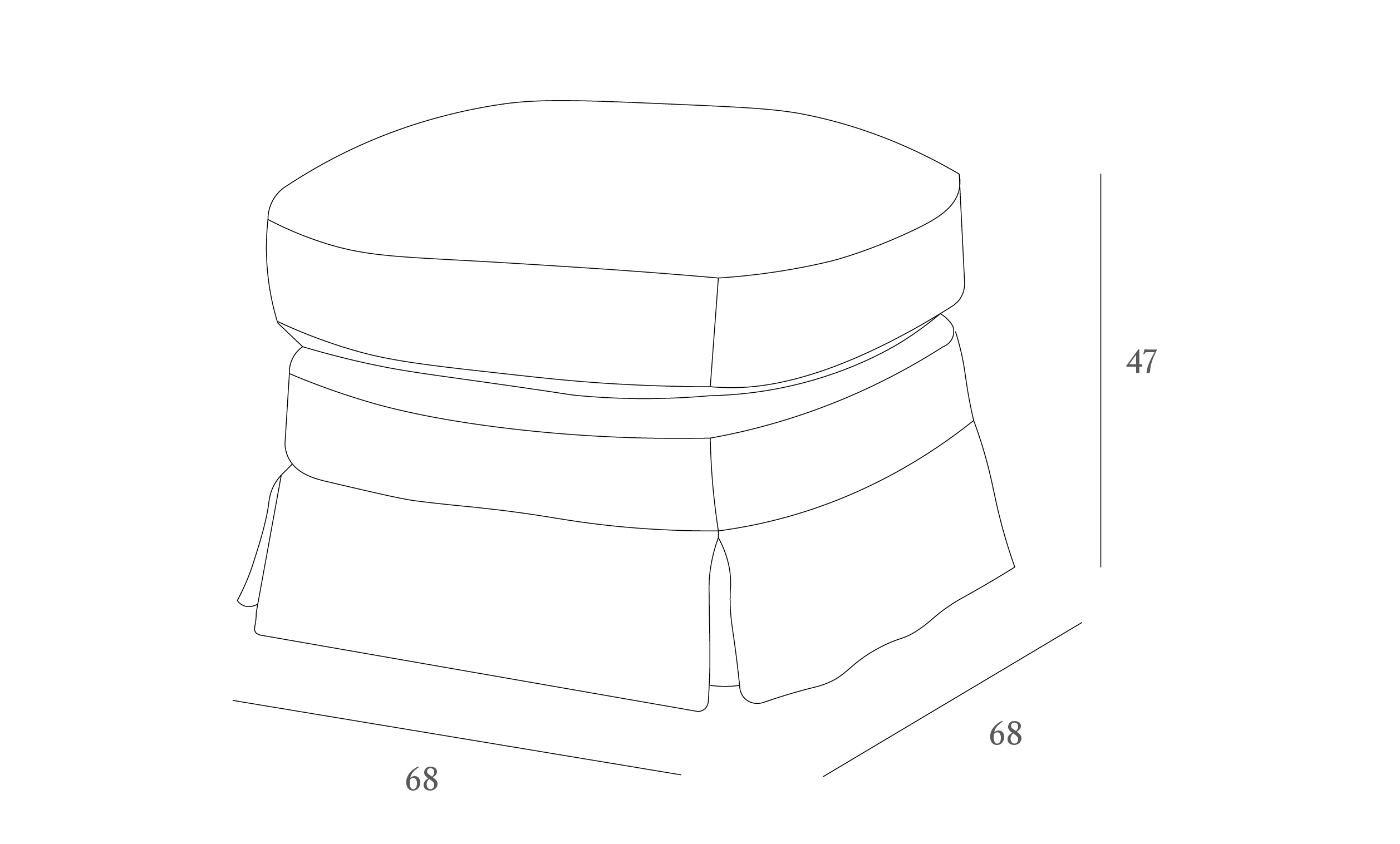 Line drawing of a cushioned ottoman with a skirted base. Dimensions are 68 cm in width and depth, and 47 cm in height.