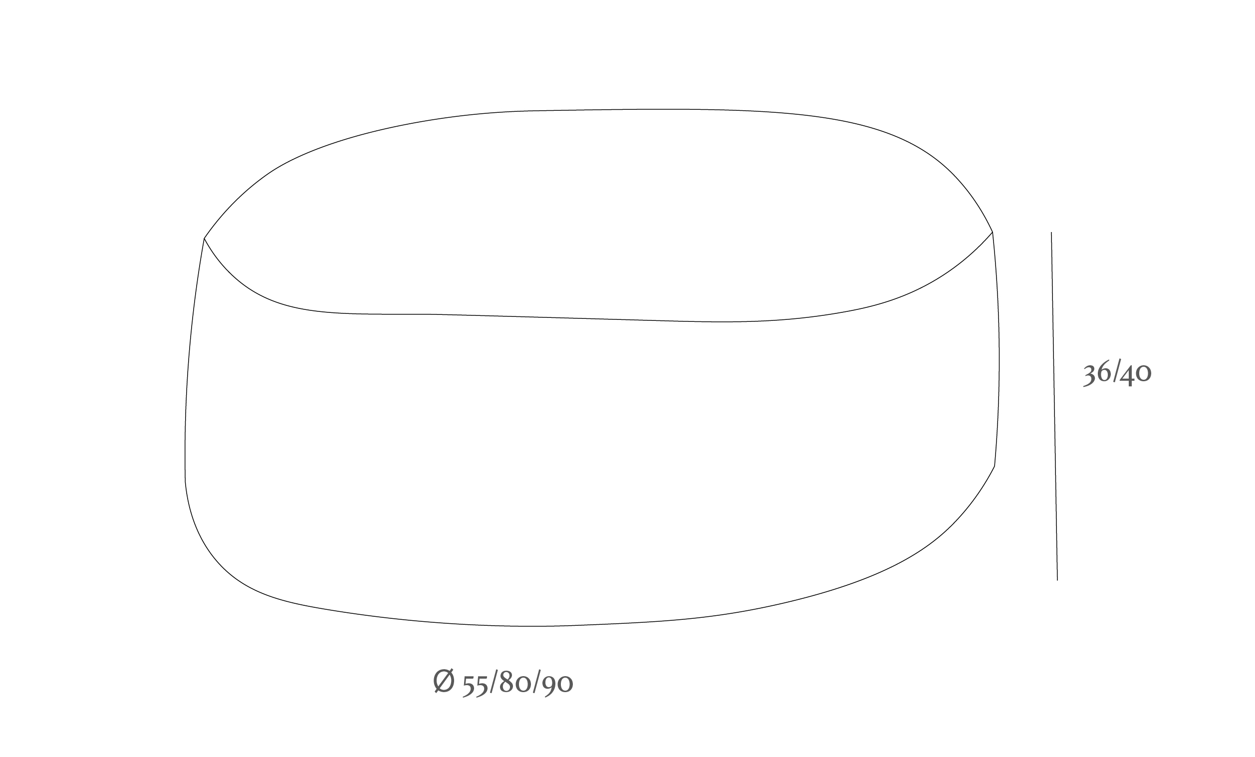 Line drawing of an oval-shaped object with dimensions: diameter 55/80/90 and height 36/40, resembling a simple ottoman design.