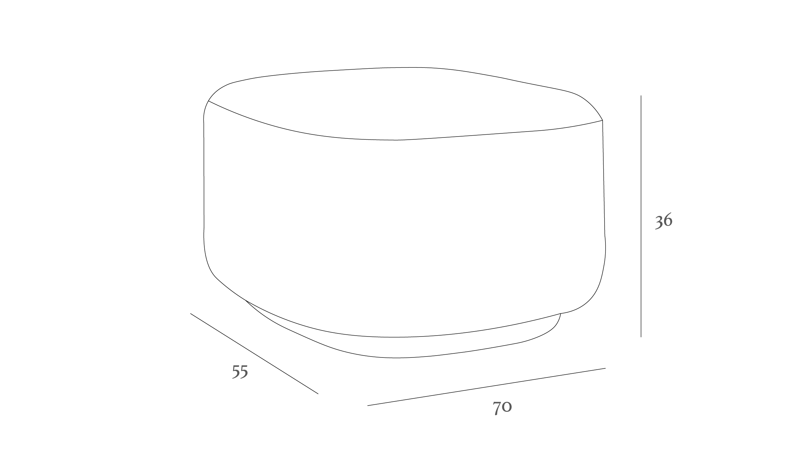 Line drawing of a rounded ottoman with dimensions: 70 cm wide, 55 cm deep, and 36 cm high.