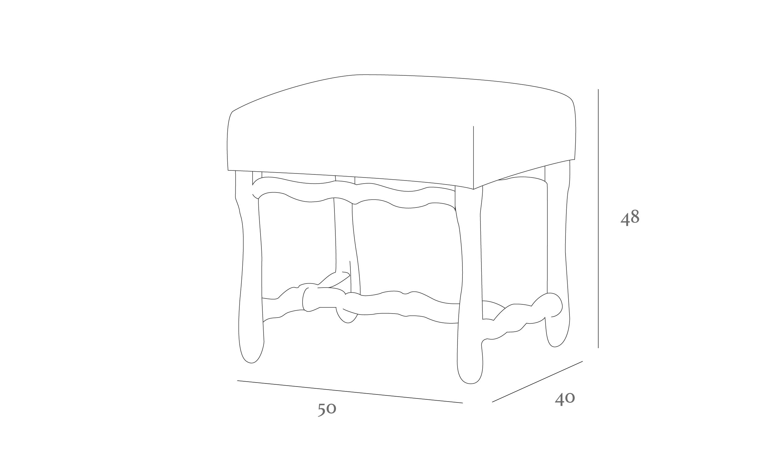 Line drawing of a rectangular stool with curved legs and crossbars. Dimensions are 50 cm wide, 40 cm deep, and 48 cm tall.