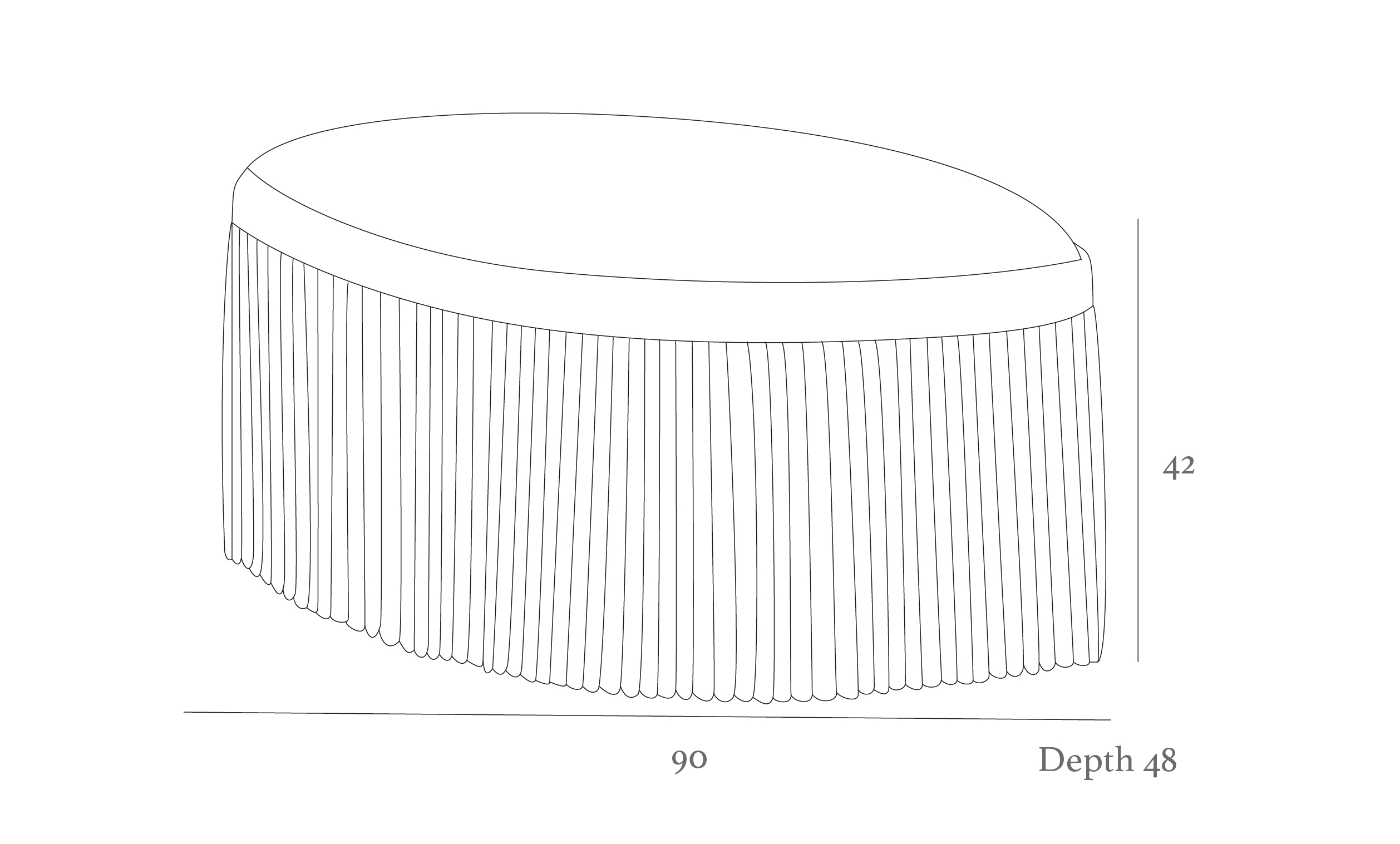 Illustration of an oval ottoman with a pleated skirt. Dimensions: 90 width, 48 depth, 42 height.