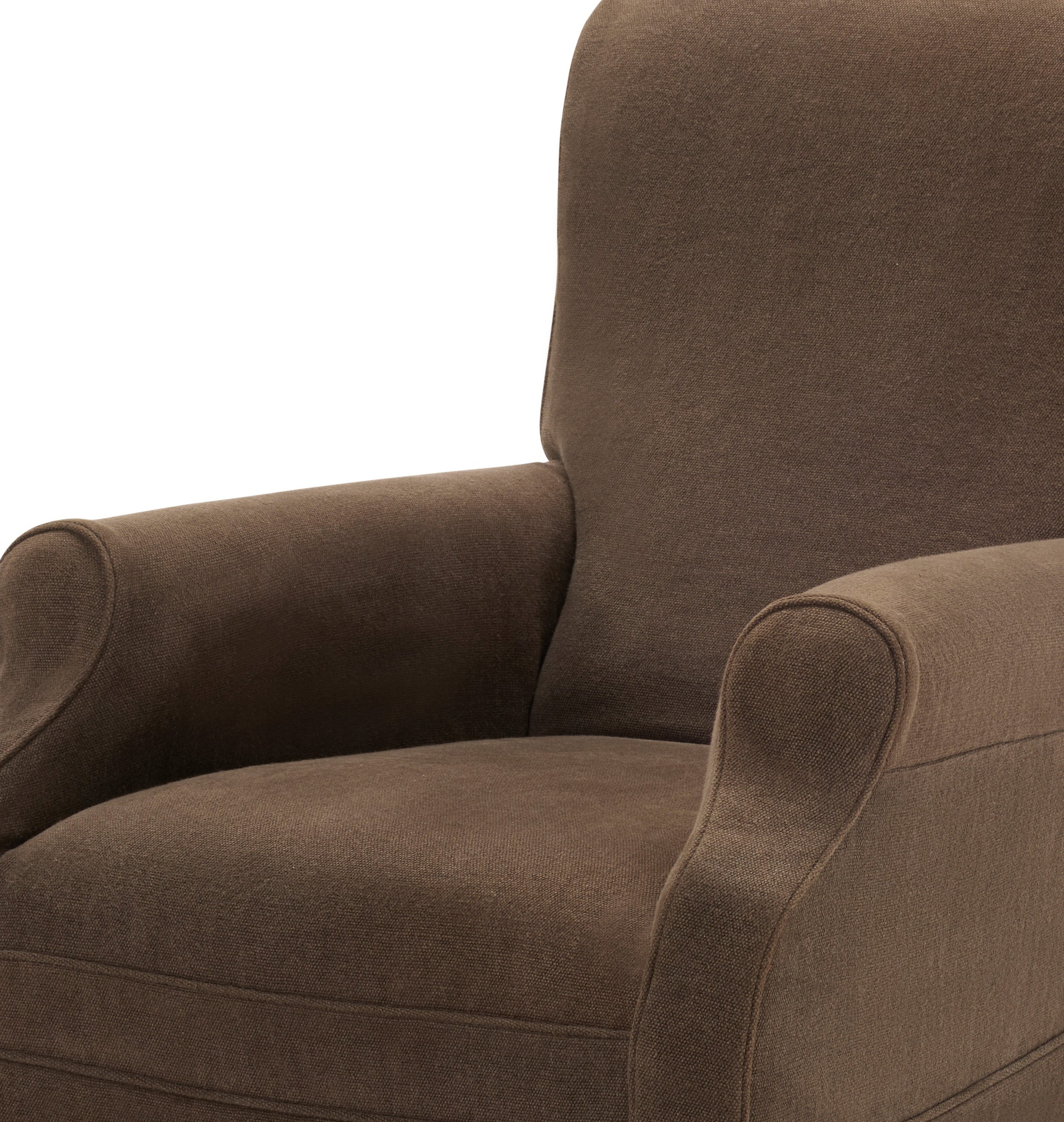 Close-up of the Adam one-seater armchair in brown fabric, showing its rounded armrest, tailored seams, and part of the high backrest.