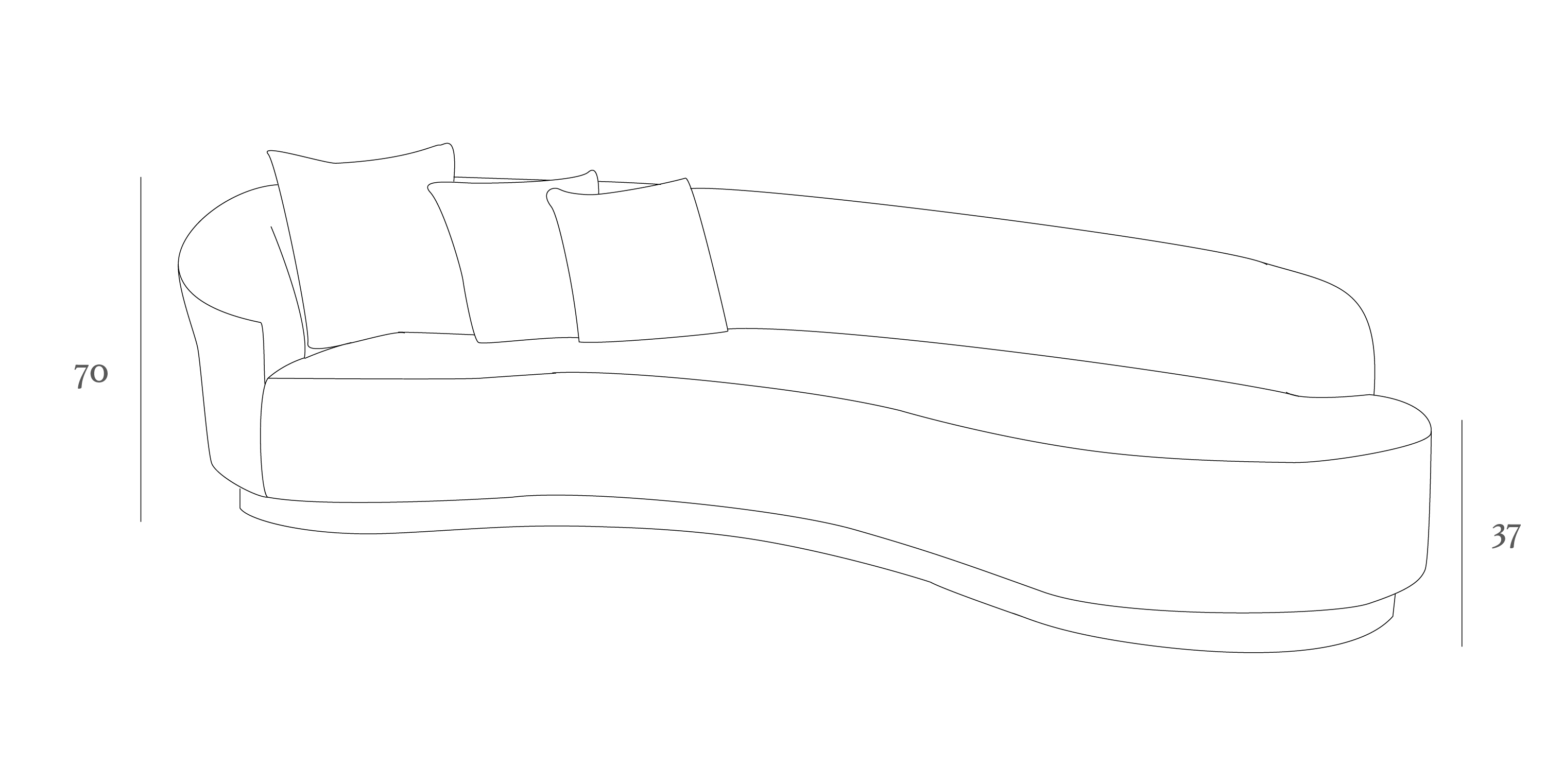 Outline of a curved sofa with three cushions. Dimensions marked: 70 on the left side and 37 on the right side.