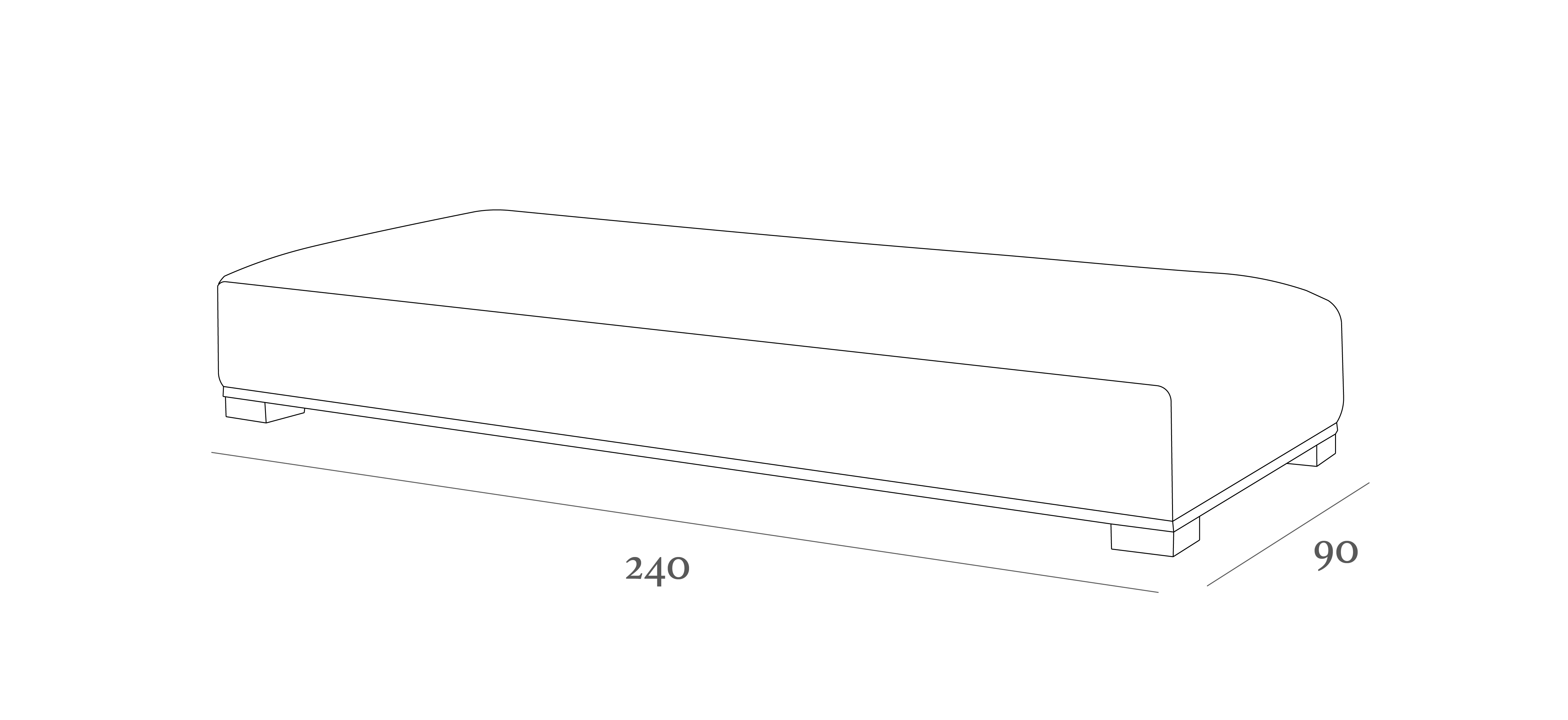 Line drawing of a rectangular ottoman with dimensions labeled as 240 cm in length and 90 cm in width.