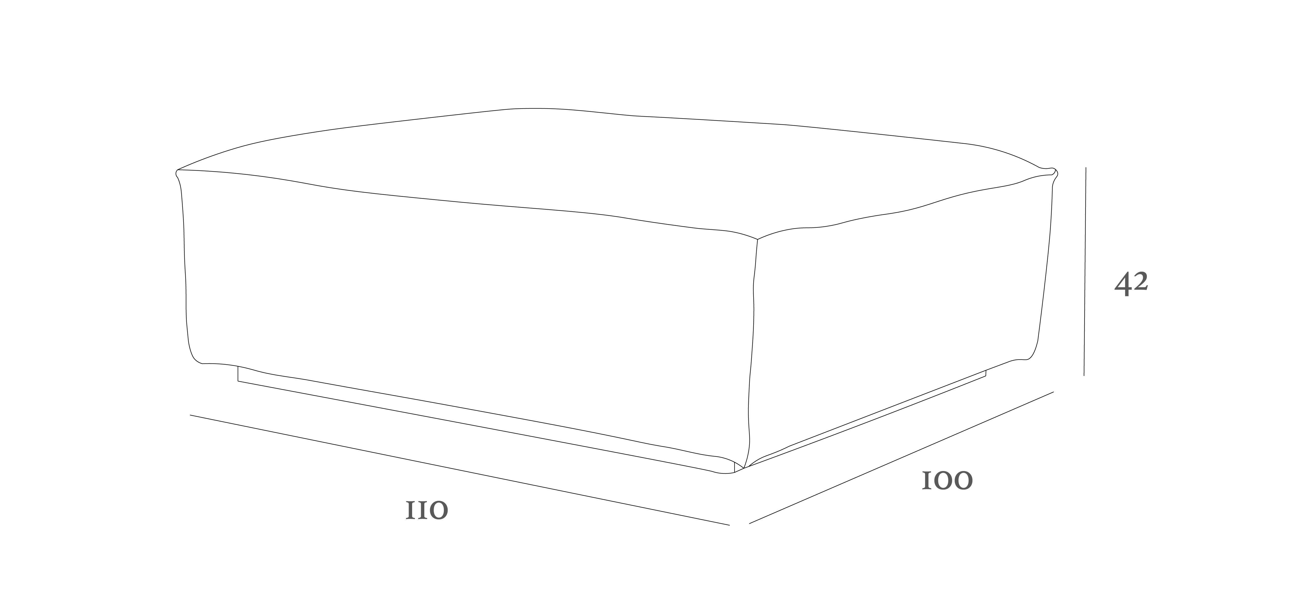 Line drawing of a rectangular ottoman with dimensions: 110 cm wide, 100 cm deep, and 42 cm high.