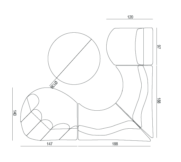 Abstract geometric design with circles and curves, featuring measurements and intersecting lines.