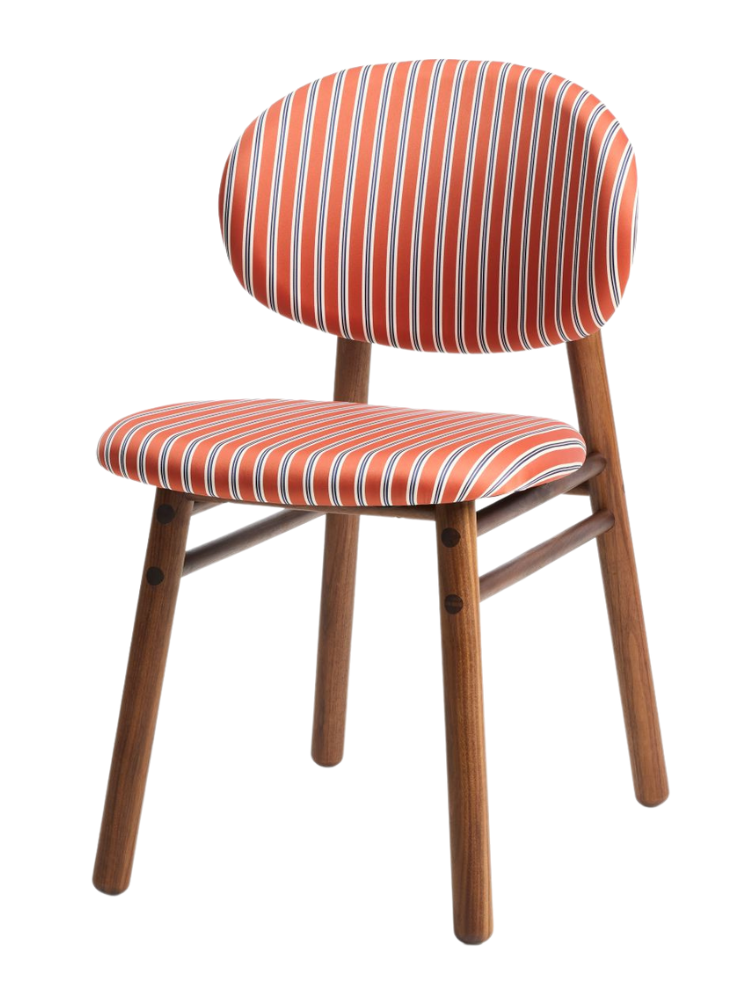 Tilda dining chair with rounded backrest and seat in red and white striped fabric, set on solid wooden frame.