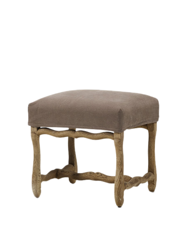 Collett & Victor Os de Mouton footstool with brown upholstered cushion and sculpted oak legs.