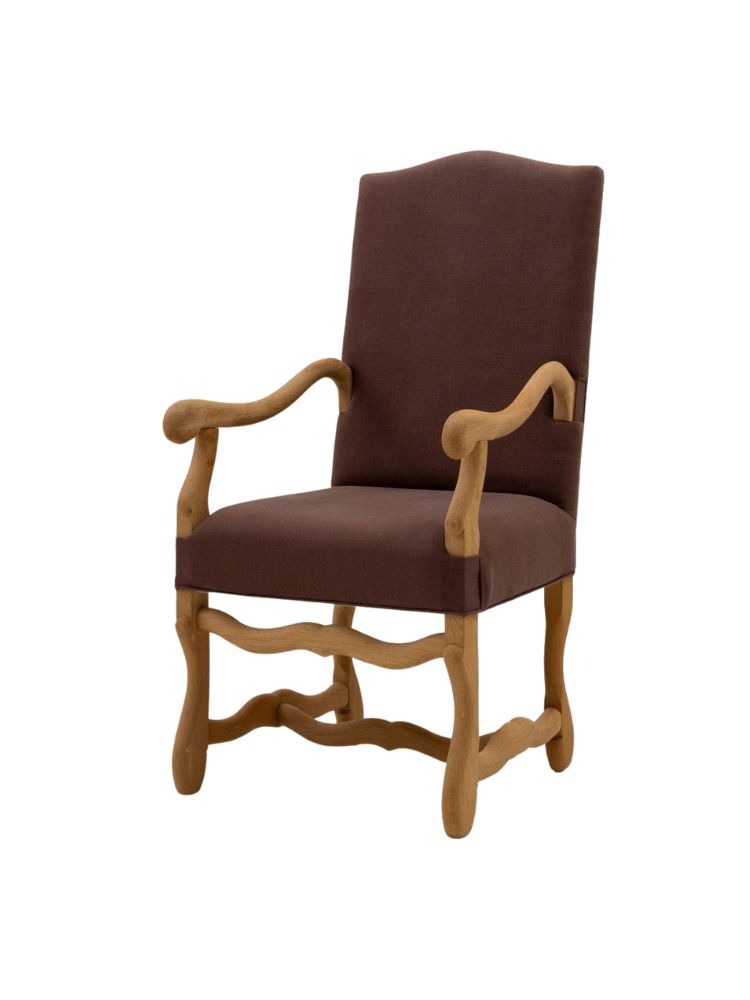 Os de Mouton dining chair by Collett & Victor with sculpted wooden frame, curved armrests, and upholstered brown fabric seat and backrest.