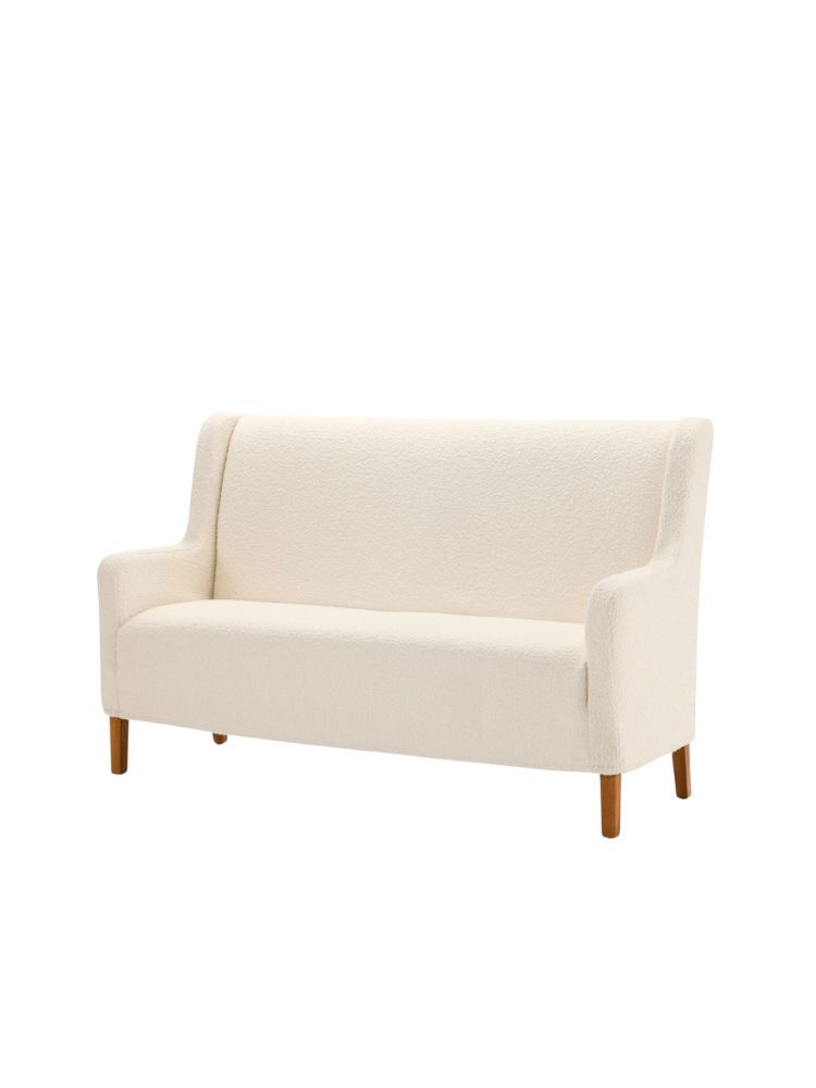 Collett & Victor Cardiff bench in ivory boucle fabric with slim high backrest, gently curved arms, and tapered wooden legs. Compact upholstered bench ideal for bedrooms or hallway seating.