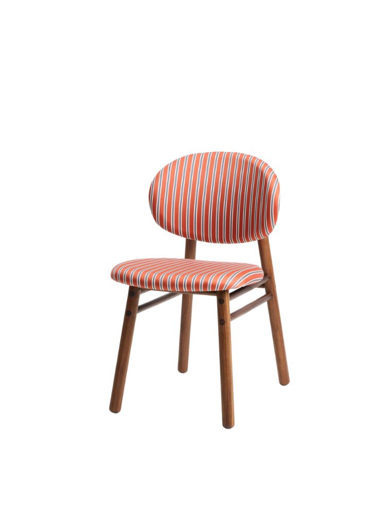 Tilda dining chair with rounded backrest and seat in red and white striped fabric, set on solid wooden frame.