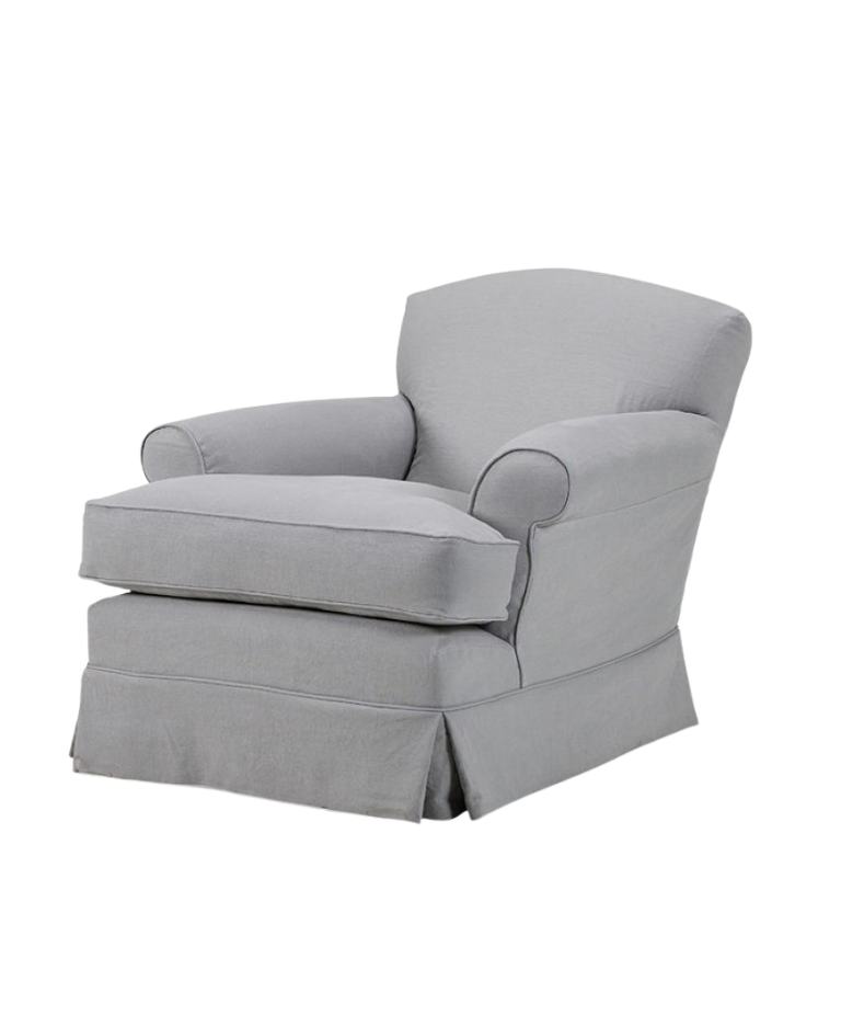 Collett & Victor Wilson one-seater armchair in light grey fabric with rolled arms and skirted base.